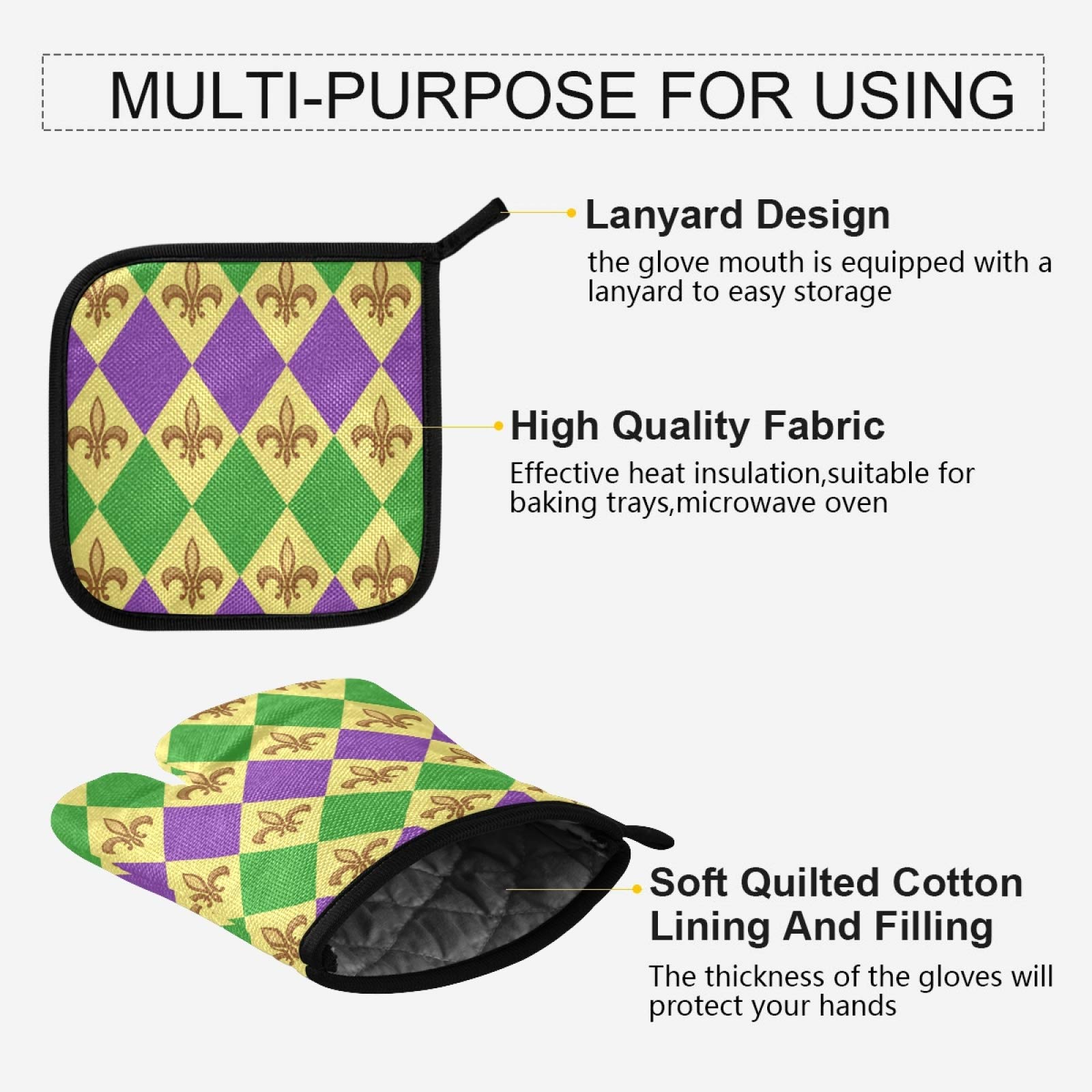 Aflyko Mardi Gras Oven Mitt & Pot Holder Set - Heat Resistant Kitchen Gloves with Festive Fleur De Lis Design - Perfect for Baking, BBQ, Cooking & Carnival Party Decor - Ideal Gift for Home Chefs & Holiday Entertaining