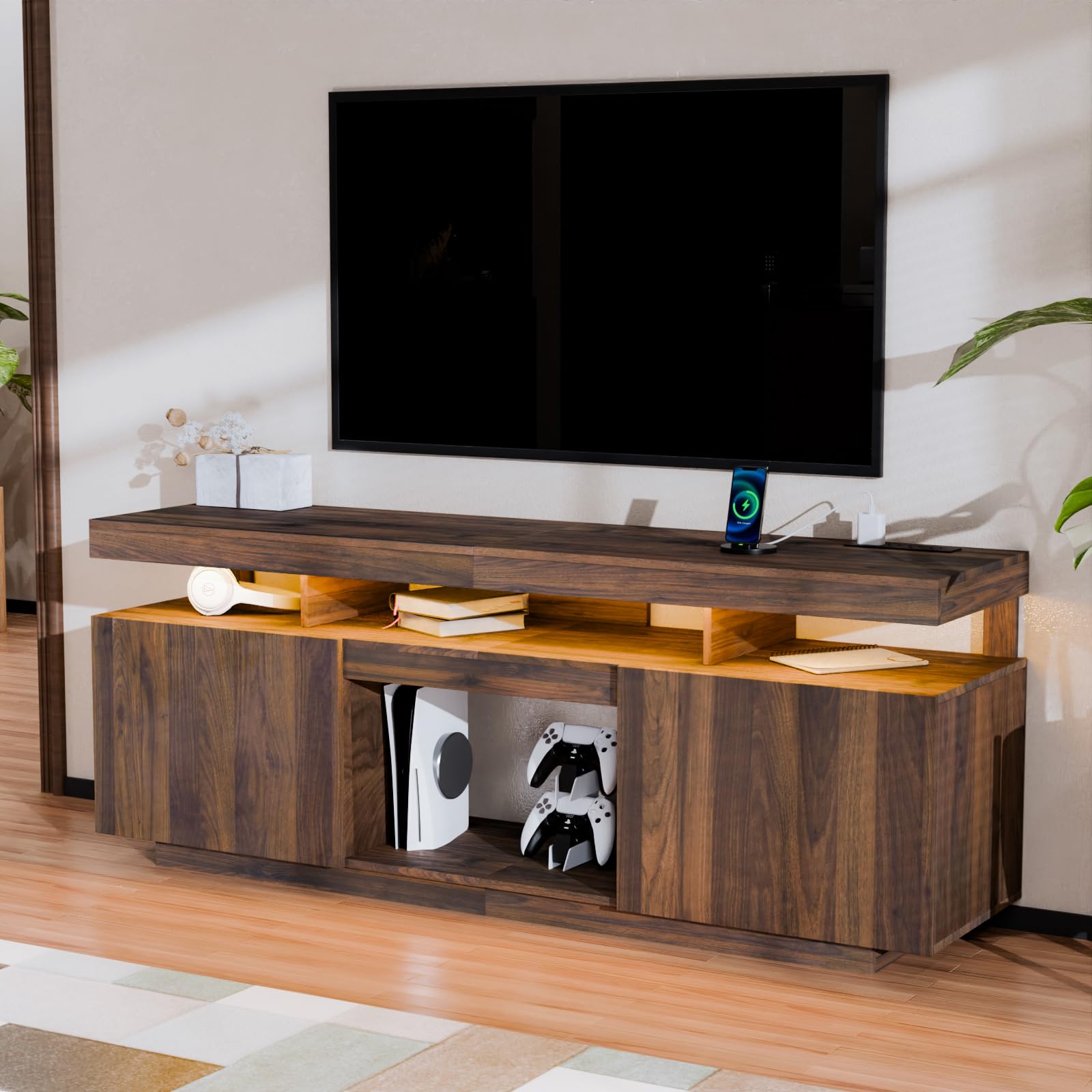 HOMMPA Modern Industrial TV Stand and Coffee Table Set of 2 - LED Entertainment Center for 55/65/70 Inch Gaming TV Console with Lift Top - Walnut Living Room Furniture for Gaming & Movie Nights
