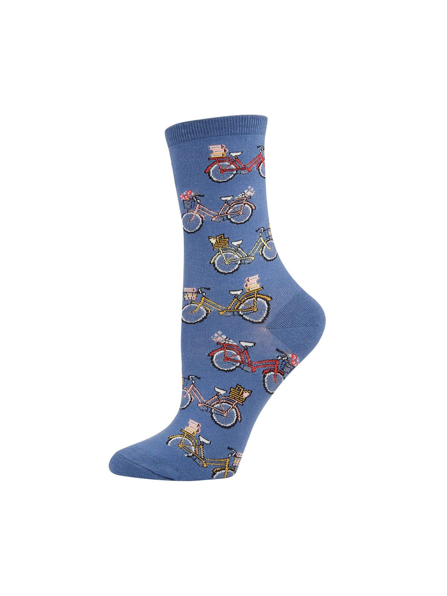Vintage Bike Crew Socks for Women - Retro Periwinkle Cotton-Blend Medium Size - Perfect for Cycling, Casual Wear & Gift Giving