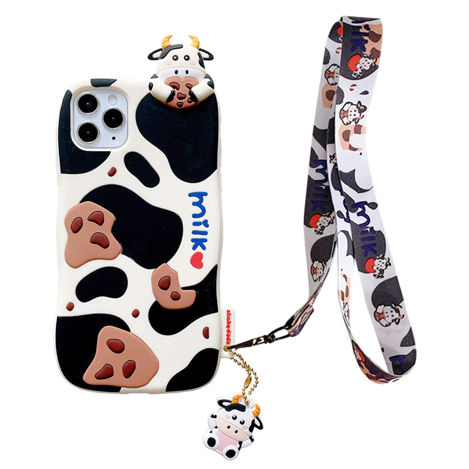 **Cute 3D Cartoon Cow Silicone Case for iPhone 12 Pro Max - Shockproof Soft Bumper Protective Cover with Long Lanyard (Cows Cookies Design) - Perfect for Daily Use, Travel & Gift Giving**