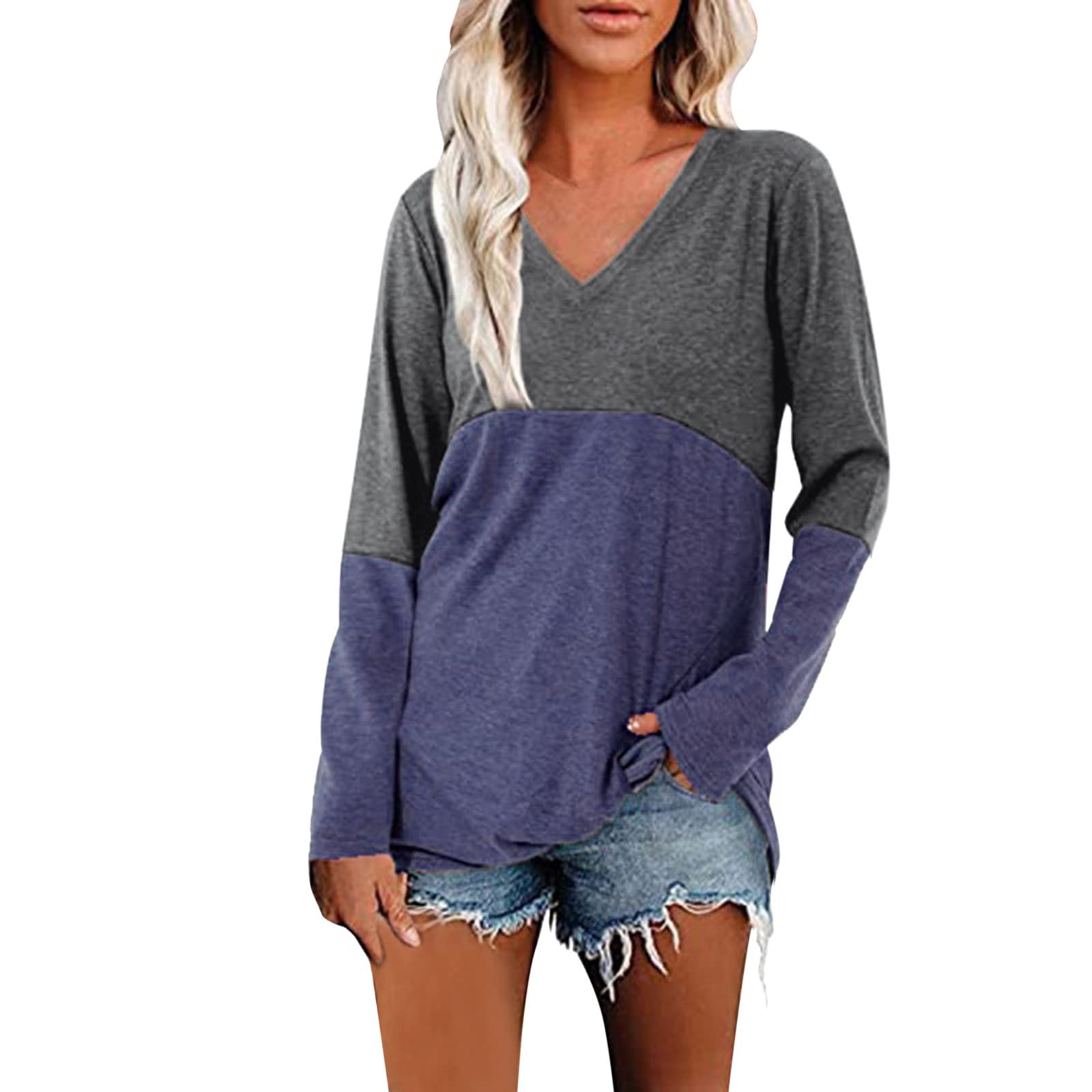 Women's Loose Fit Color Block Long Sleeve V-Neck Tunic Top - Casual Pullover Blouse for Work, Weekend & Layering
