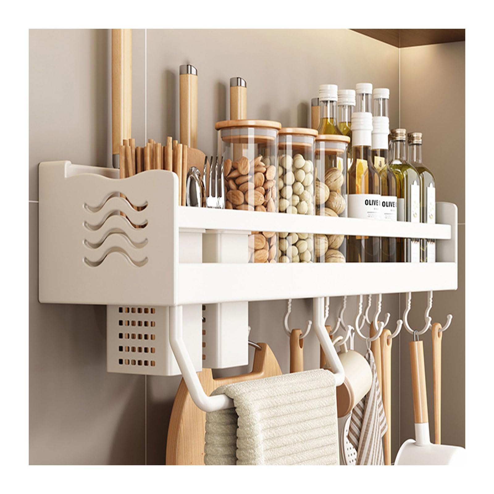 Dxcaicc Wall Mount Kitchen Utensil Shelf - 23.6 Inch Spice Rack Organizer with Hooks for Spatula, Spoon & Towel Storage | Space-Saving Wall Mounted Shelf for Kitchen Utensils & Spice Jars | Perfect for Small Kitchens & Pantry Organization