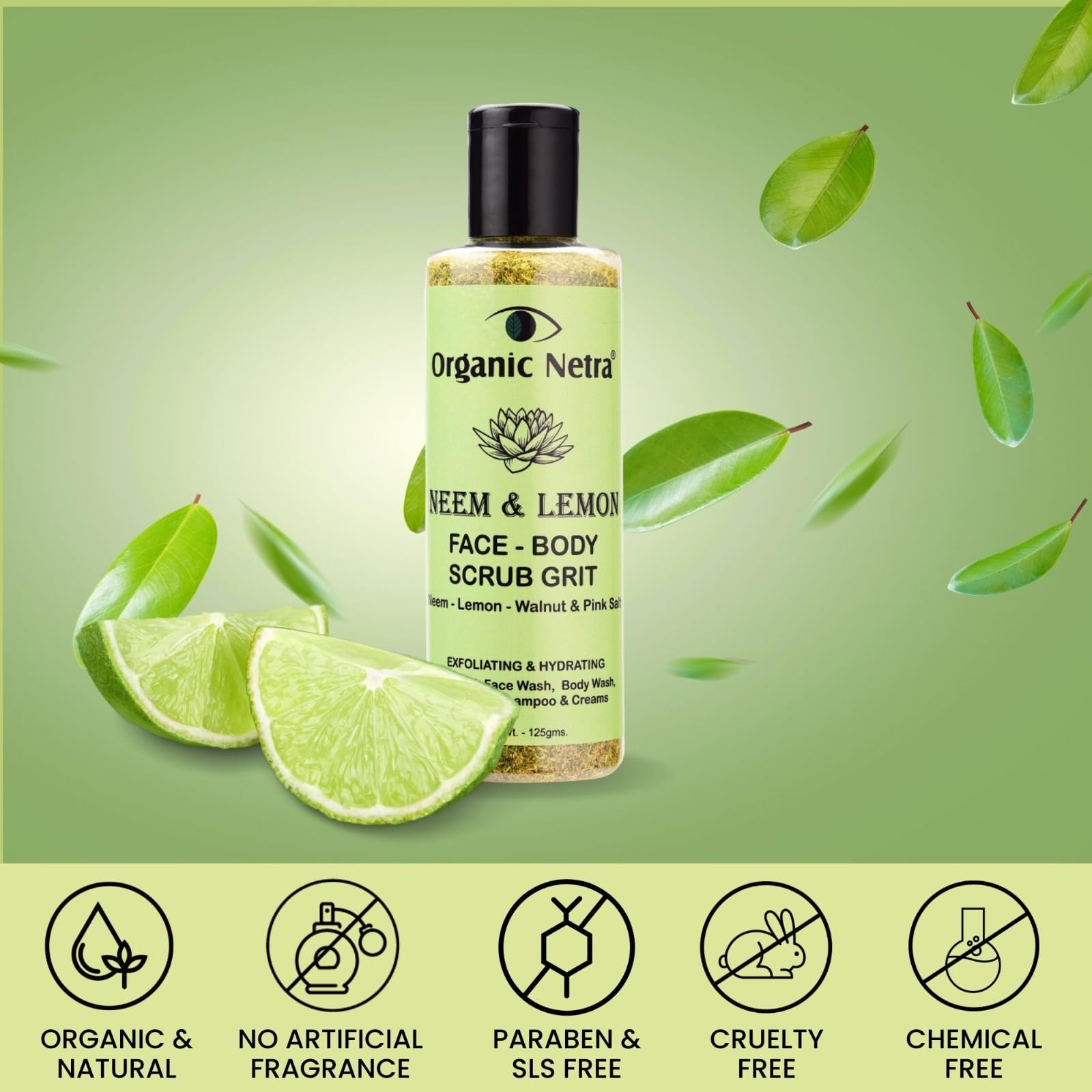 Organic Neem & Lemon Face and Body Scrub - Natural Exfoliating & Hydrating Body Wash with Herbal Ingredients | Paraben-Free, SLS-Free, Cruelty-Free | For Glowing Skin & Deep Cleansing | Perfect for Daily Skincare Routine & Spa Treatments (125g)