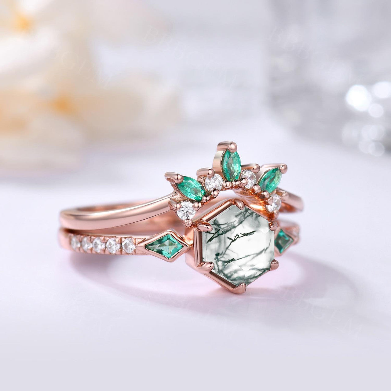 Natural Hexagon Green Moss Agate and Kite Emerald Engagement Ring Set with Diamond Wedding Band - Elegant Bridal Jewelry for Proposals, Weddings & Anniversaries