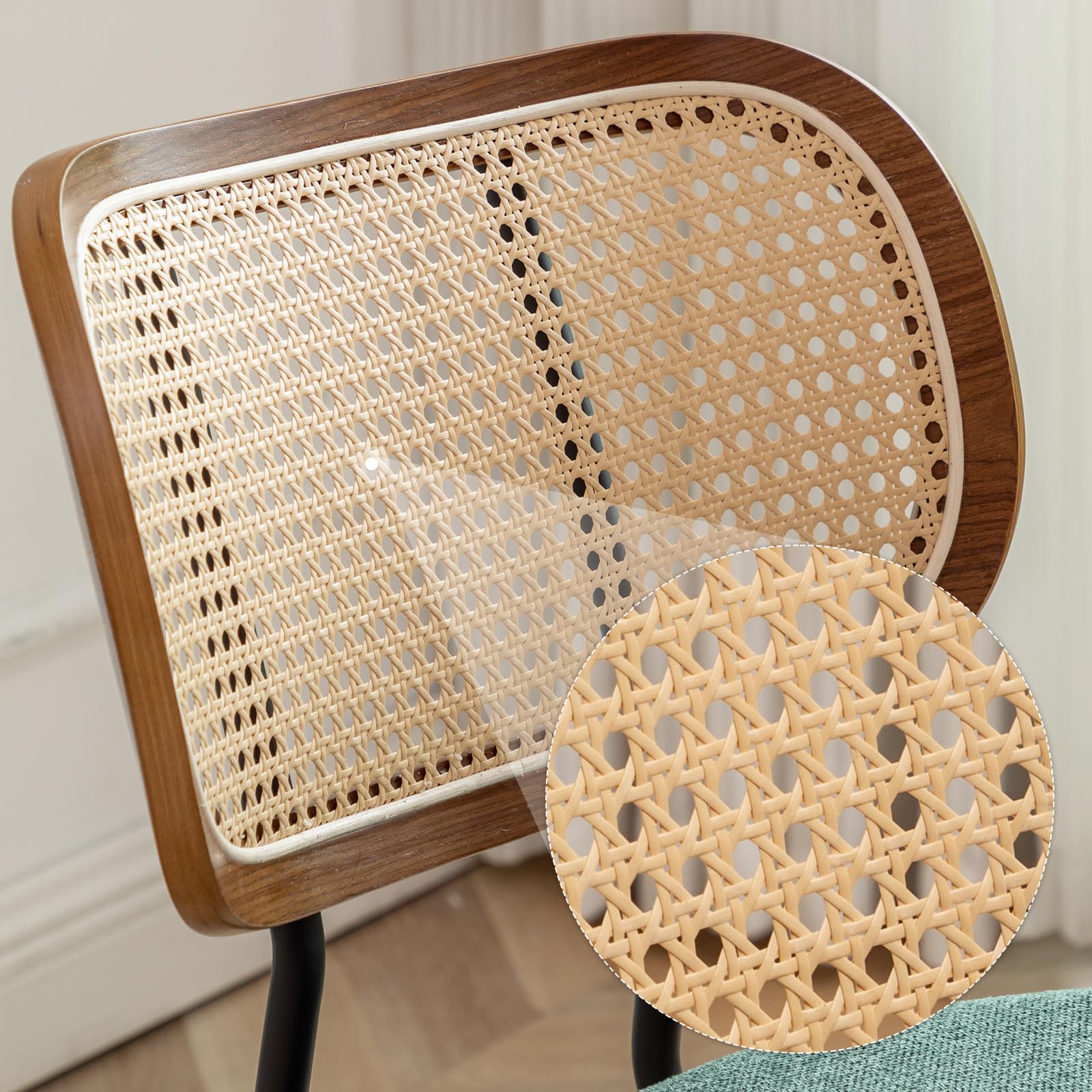 Mid Century Modern Rattan Dining Chairs Set of 2 - Cane Back Kitchen & Dining Room Chairs with Black Metal Legs in Green | Perfect for Boho Home Decor, Farmhouse Dining, and Indoor/Outdoor Entertaining