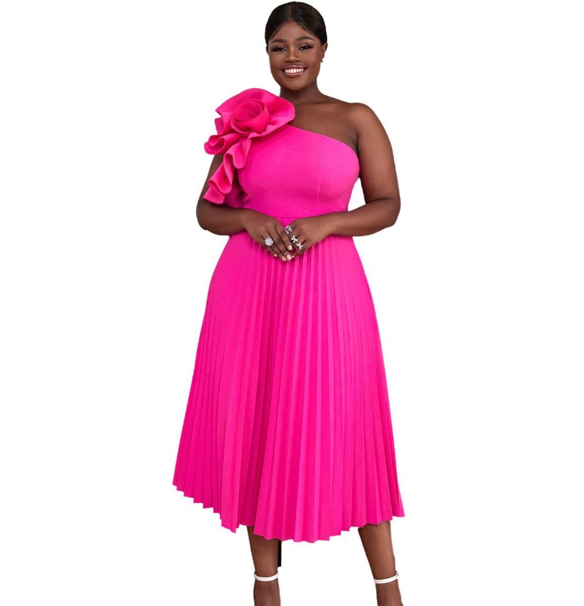 Elegant AOMEI Women's Rose Print One Shoulder Floral Sleeveless High Waist Pleated Midi Dress for Summer Parties, Weddings & Cocktail Events