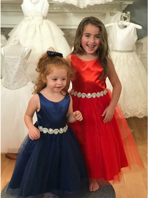 Navy Blue Satin Tulle Flower Girl Dress with Adjustable Belt - Elegant Formal Occasion Dress for Weddings, Parties & Special Events