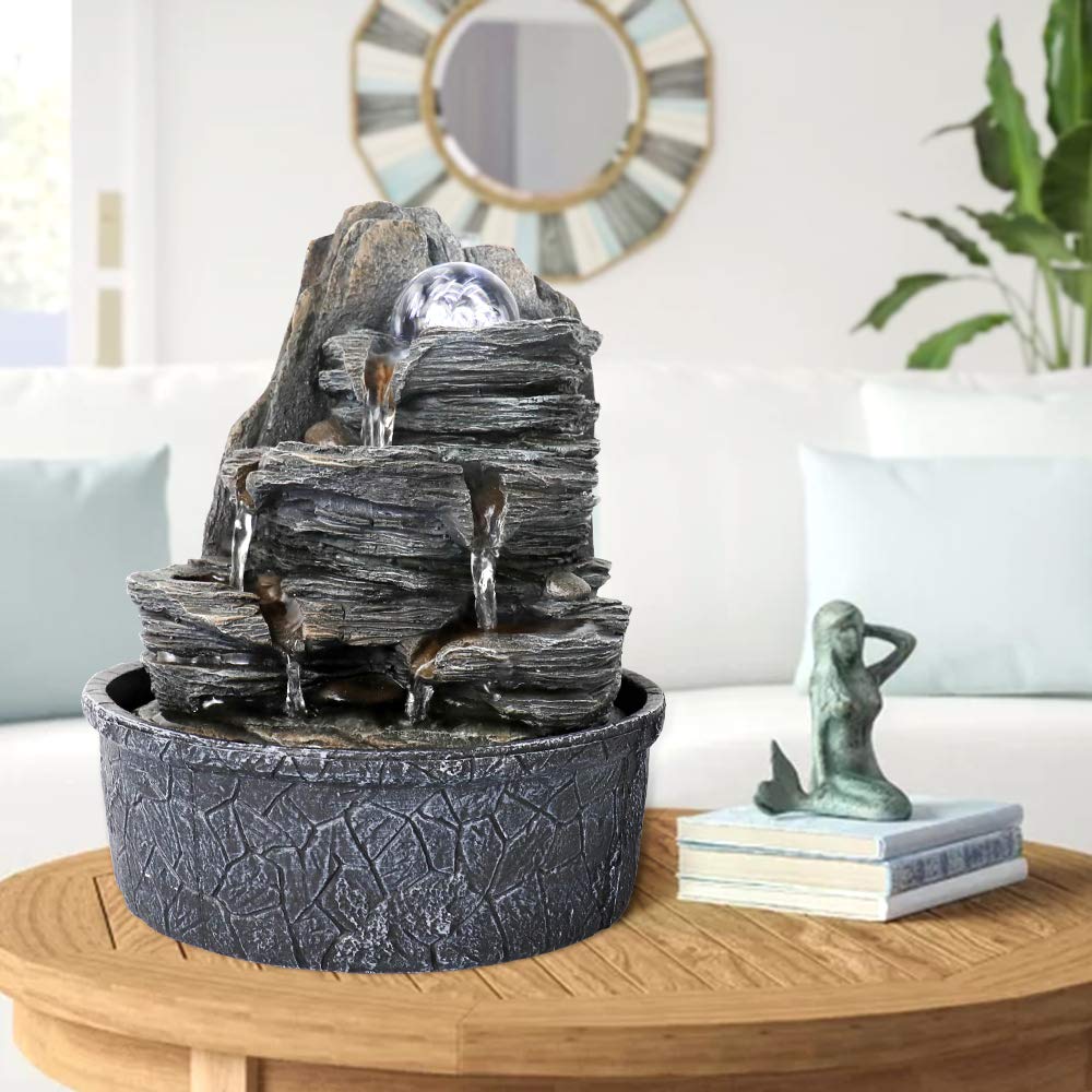 Zen Meditation Tabletop Fountain with LED Lights & Crystal Ball - 9.4