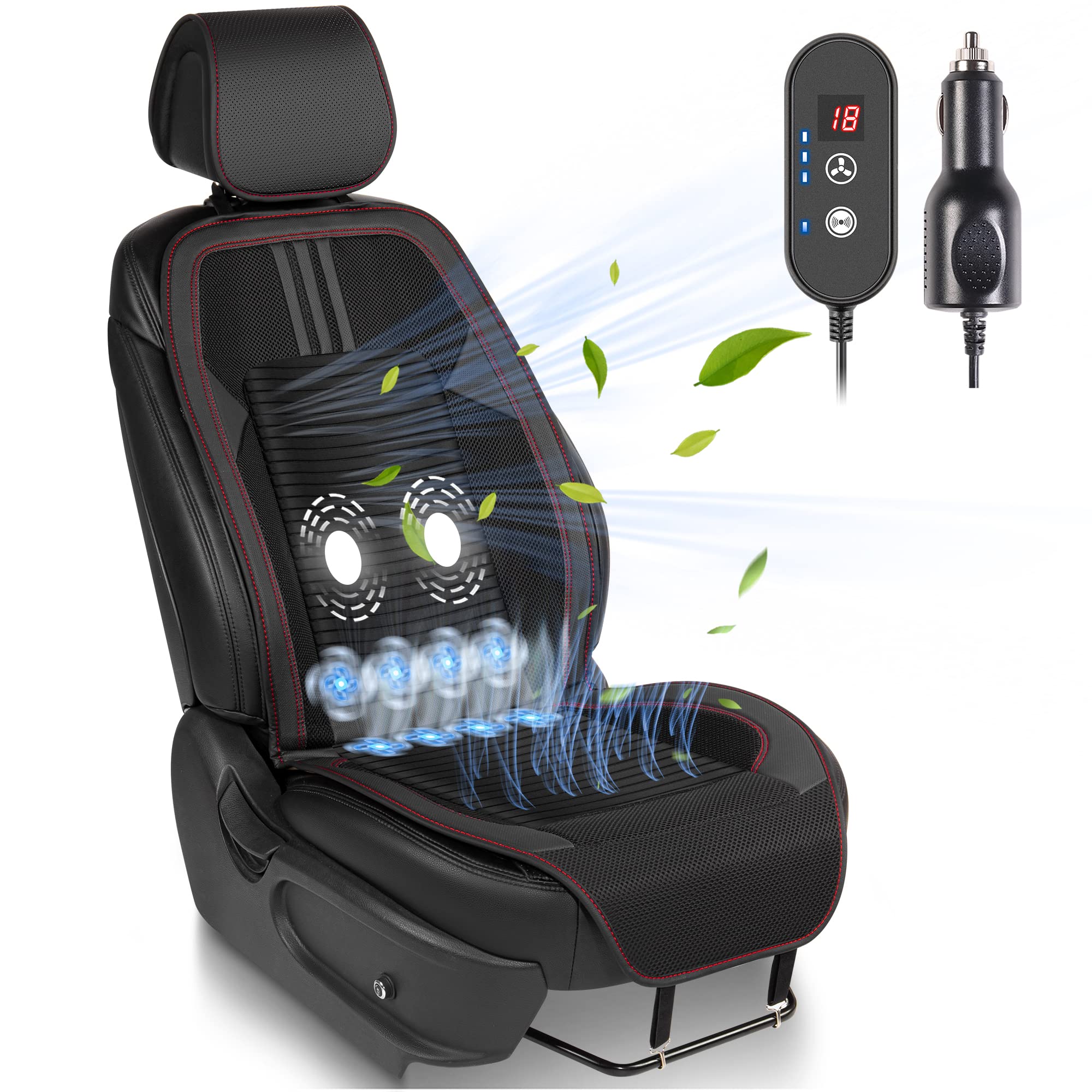 Paffenery Universal Cooling Car Seat Cover for Front Seats - 12V-24V Ventilated Cooling Cushion for Cars, SUVs & Trucks | Breathable Black Sports Design | Perfect for Summer Driving & Long Road Trips