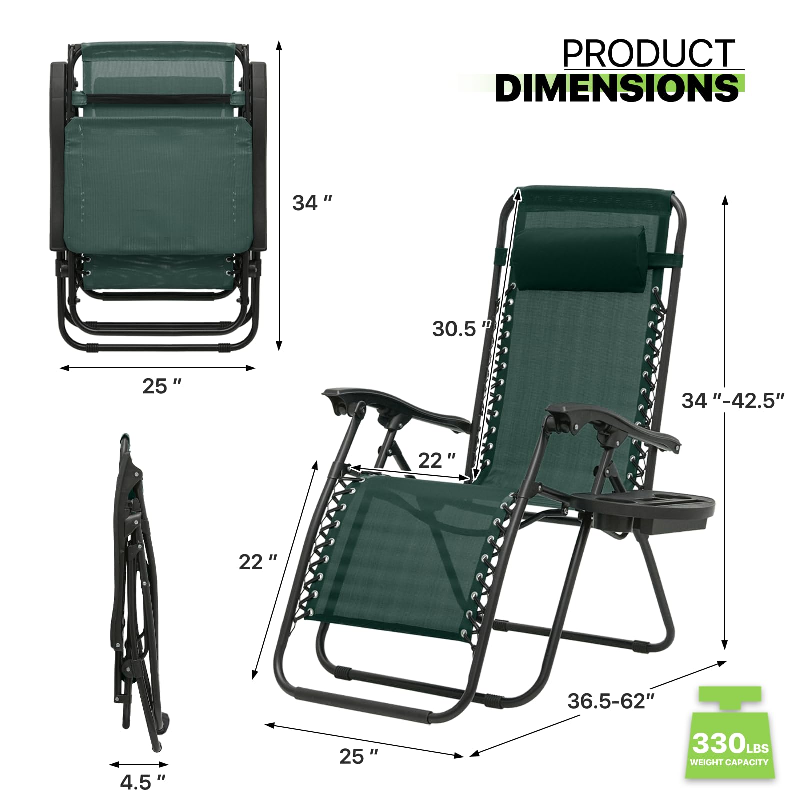 Magshion Zero Gravity Lounge Chairs Set of 2 - Adjustable Outdoor Patio Recliners with Side Tray & Pillow Headrest - Foldable Anti-Gravity Chairs for Backyard, Poolside, Camping, Beach - Green (Perfect for Relaxing in Garden, Patio or Vacation)