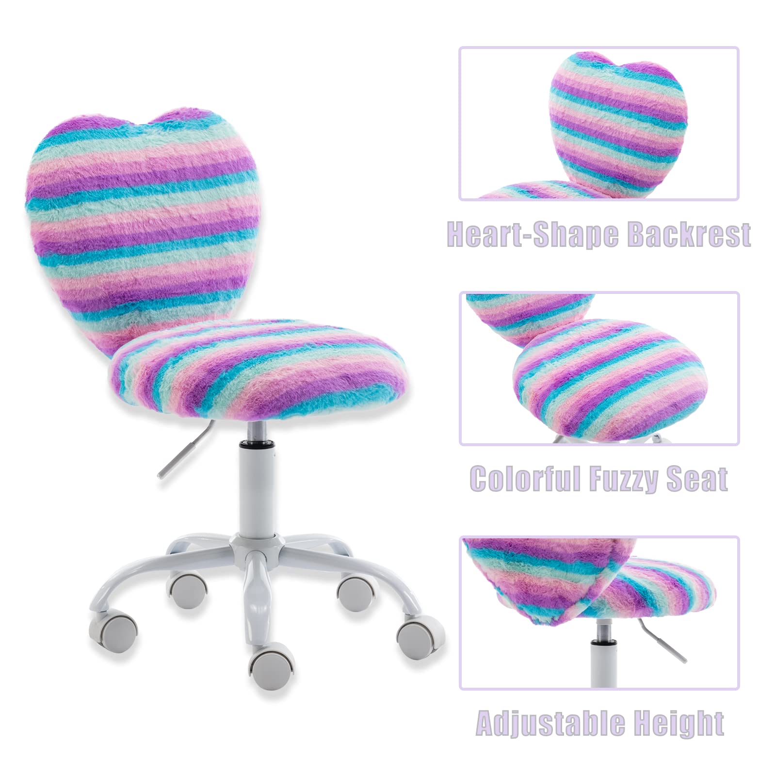 Colorful Furry Kids Desk Chair for Girls - Soft Swivel Rolling Study Chair with Rainbow Design, Perfect for Bedroom, Computer Use, Reading & Homework