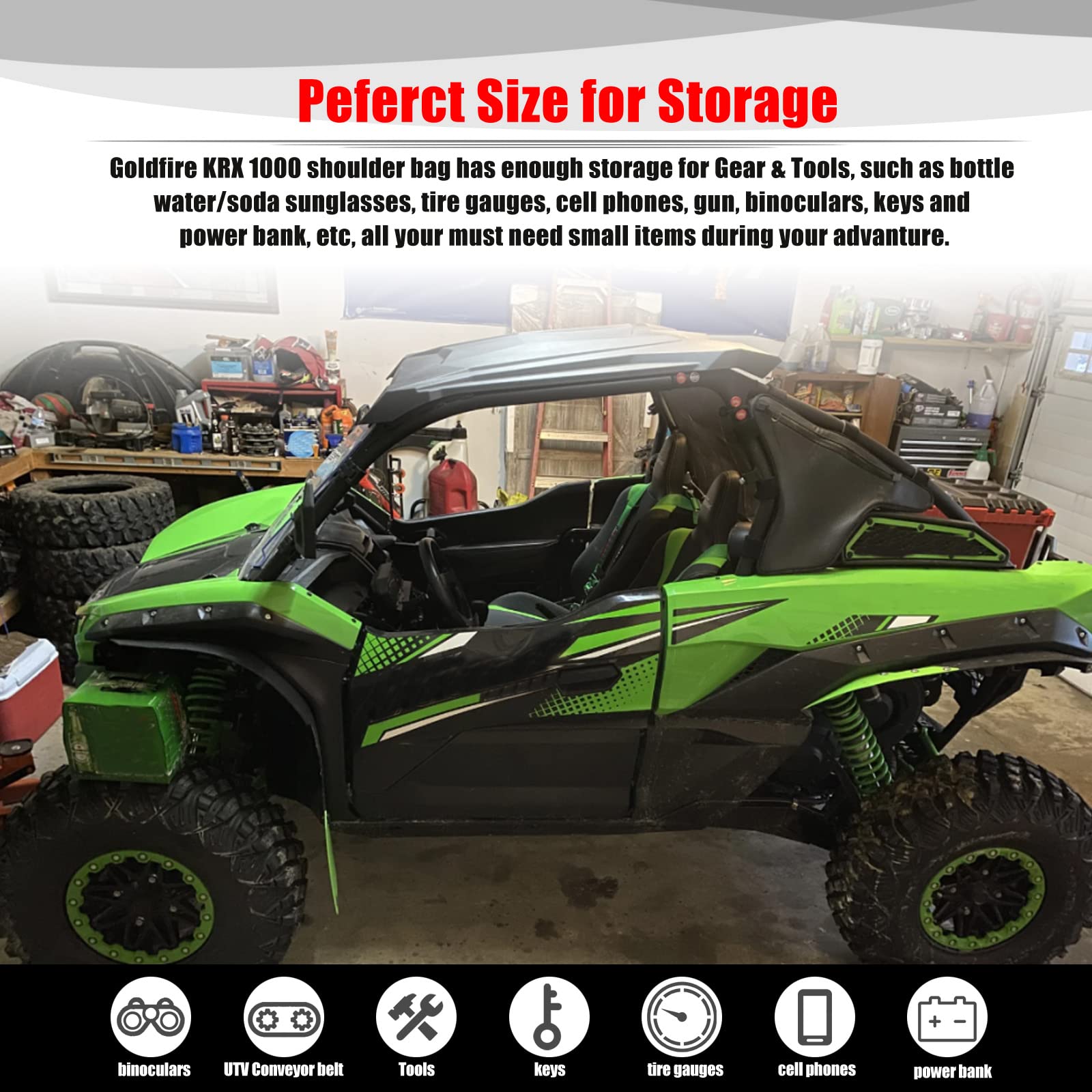 Goldfire Teryx KRX Side Cage Storage Bag - 2 Pack Black Triangle Truss Organizer with Green Piping | Compatible with Kawasaki Teryx KRX 1000 (2020+ Models) | Perfect for Off-Road Adventures, Hunting Gear Storage & Trail Organization