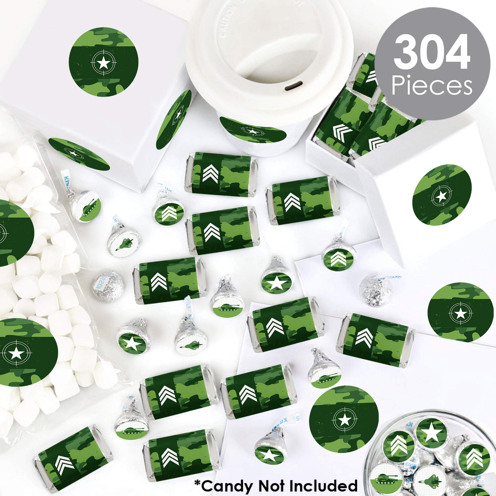 Big Dot of Happiness Camo Hero - 304-Piece Army Military Camouflage Party Candy Favor Sticker Kit with Mini Candy Bar Wrappers & Round Circle Stickers - Perfect for Military Themed Parties, Baby Showers & Patriotic Events