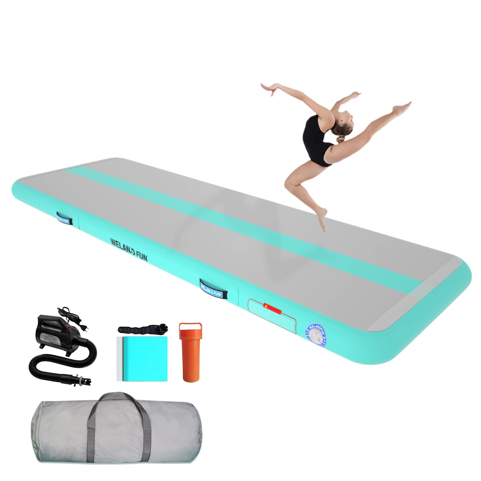WelandFun 10ft/13ft/16ft/20ft Inflatable Air Mat Tumble Track - 4/6/8 Inch Thick Gymnastics Training Mat for Home Gym, Yoga, Cheerleading - Portable for Outdoor, Beach & Park Use with Electric Air Pump - Perfect for Backyard Practice, Fitness Routines & Kids Playtime