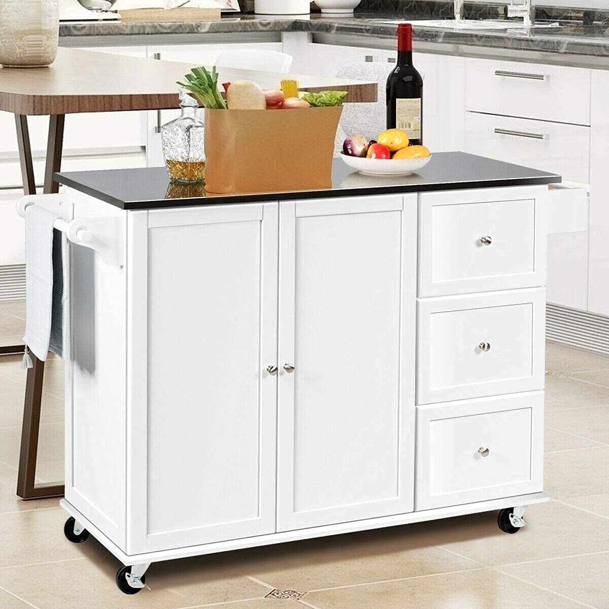 Mobile Kitchen Island Cart with Stainless Steel Top & Storage - Perfect for Small Kitchens & Dining Areas