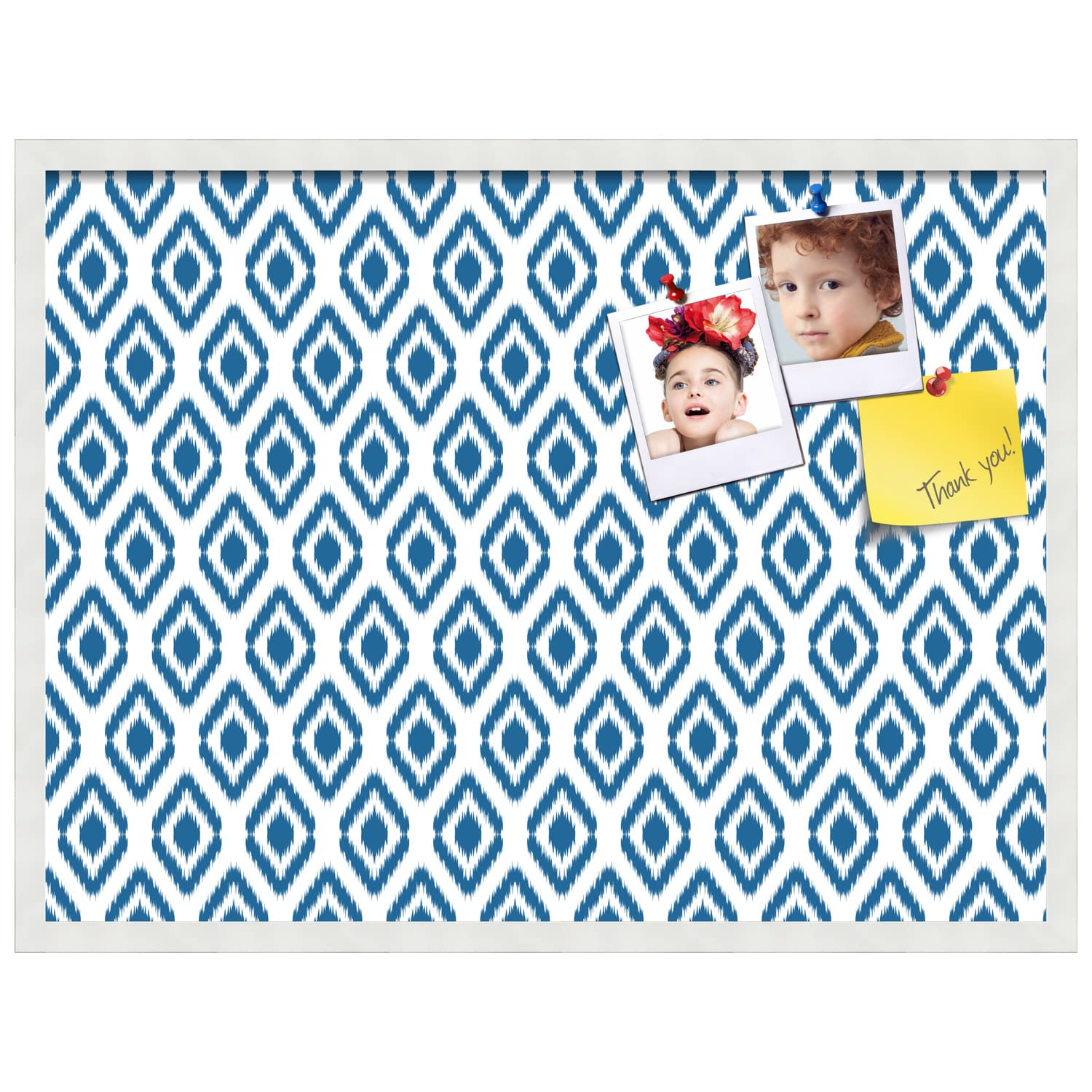 PinPix 32x24 Inch Cork Bulletin Board with Ikat Navy Design & Satin White Frame - Decorative Wall Pin Board for Home Office School Classroom Decor - Perfect for Notes, Photos, Reminders & Organization