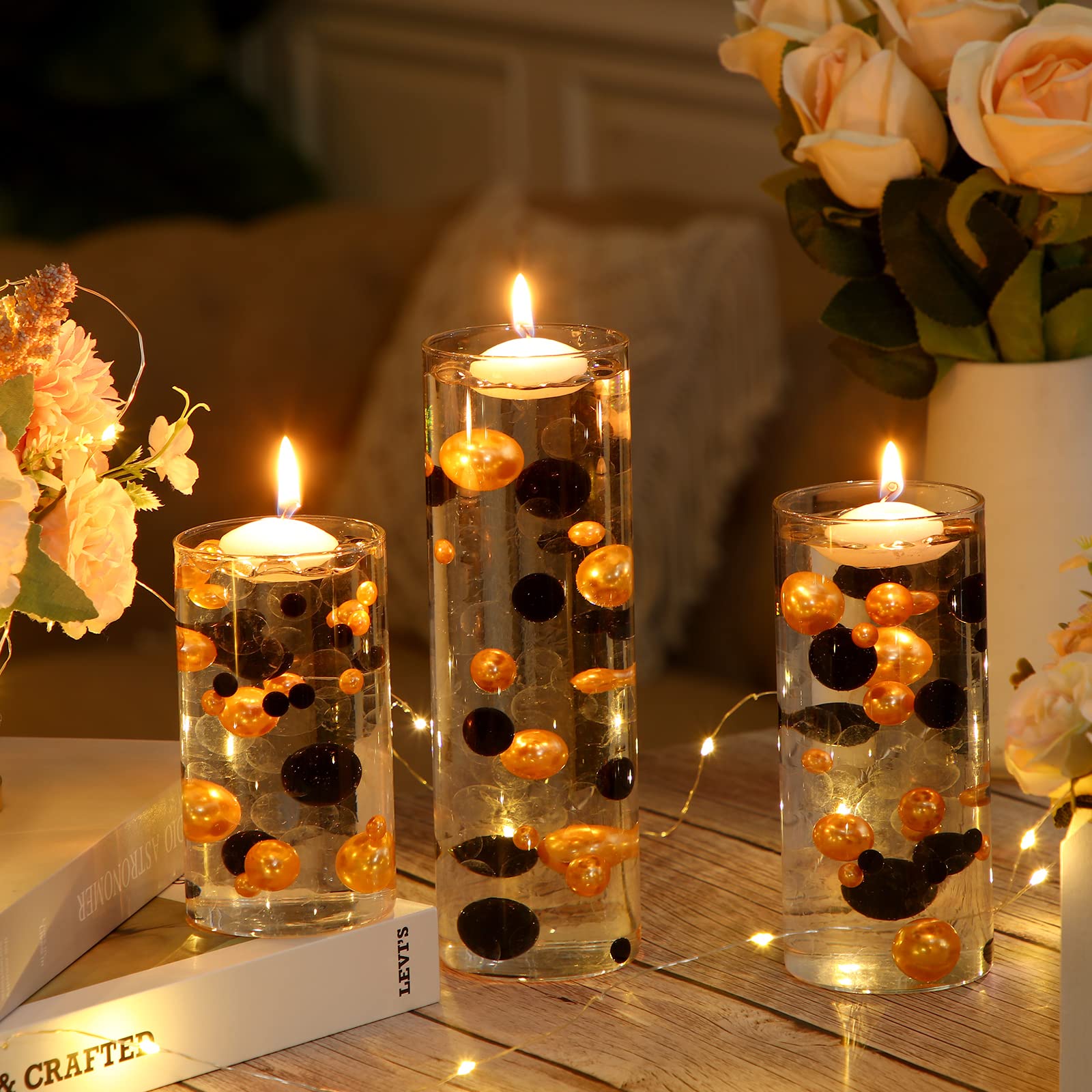 12-Piece Glass Cylinder Vase Set with 260 Gold & Black Pearl Beads, 20,000 Clear Gel Beads & 24 White Floating Candles - Wedding Centerpieces, Table Decor, Home Decoration for Weddings, Parties & Events