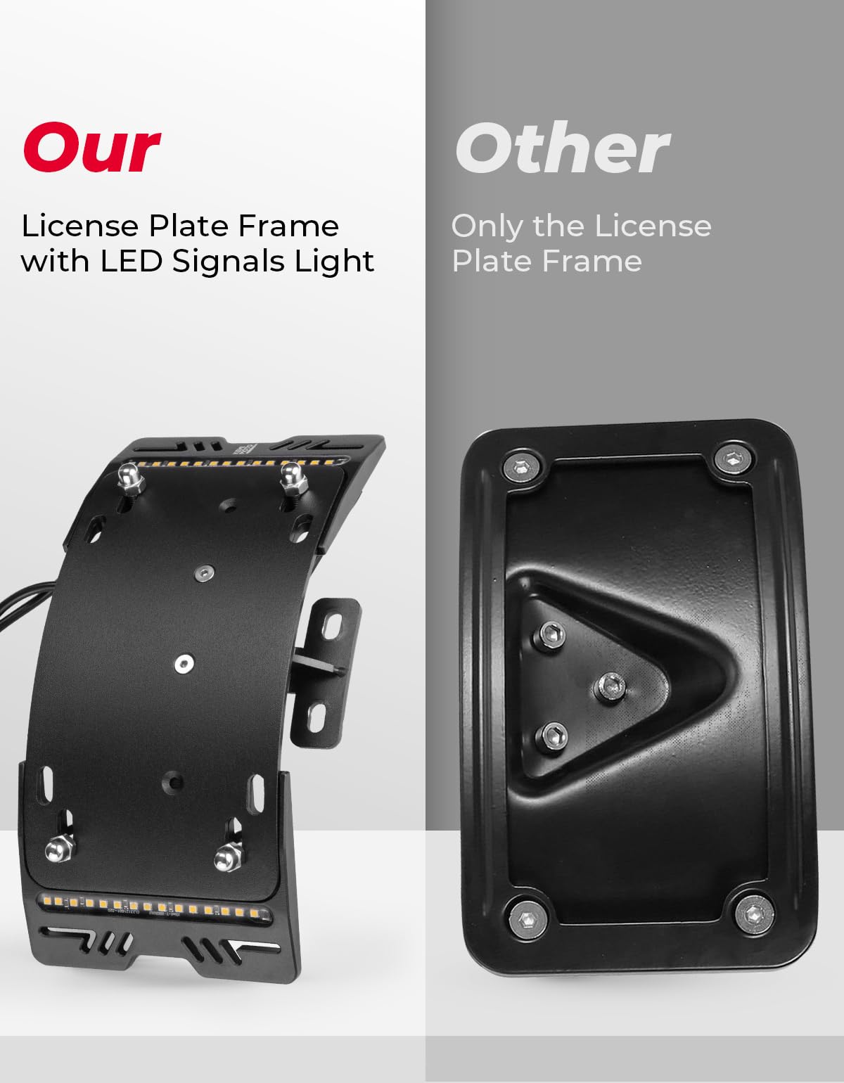 KEMIMOTO Motorcycle Curved Laydown License Plate Bracket with Amber LED Lights - 3 Hole Mount for Harley Softail, Cruiser & Low Rider Models (Black) - Perfect for Night Riding & Custom Bike Builds