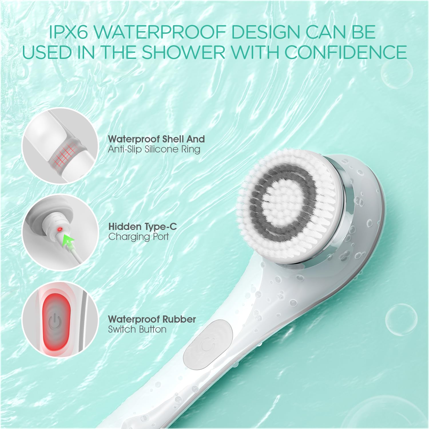 VOYOR Rechargeable Electric Body Brush - Exfoliating Back Scrubber with Long Non-Slip Handle for Deep Cleansing & Massage | Shower, Bath & Spa Use | Waterproof Spin Brush for Smooth Skin (Grey)