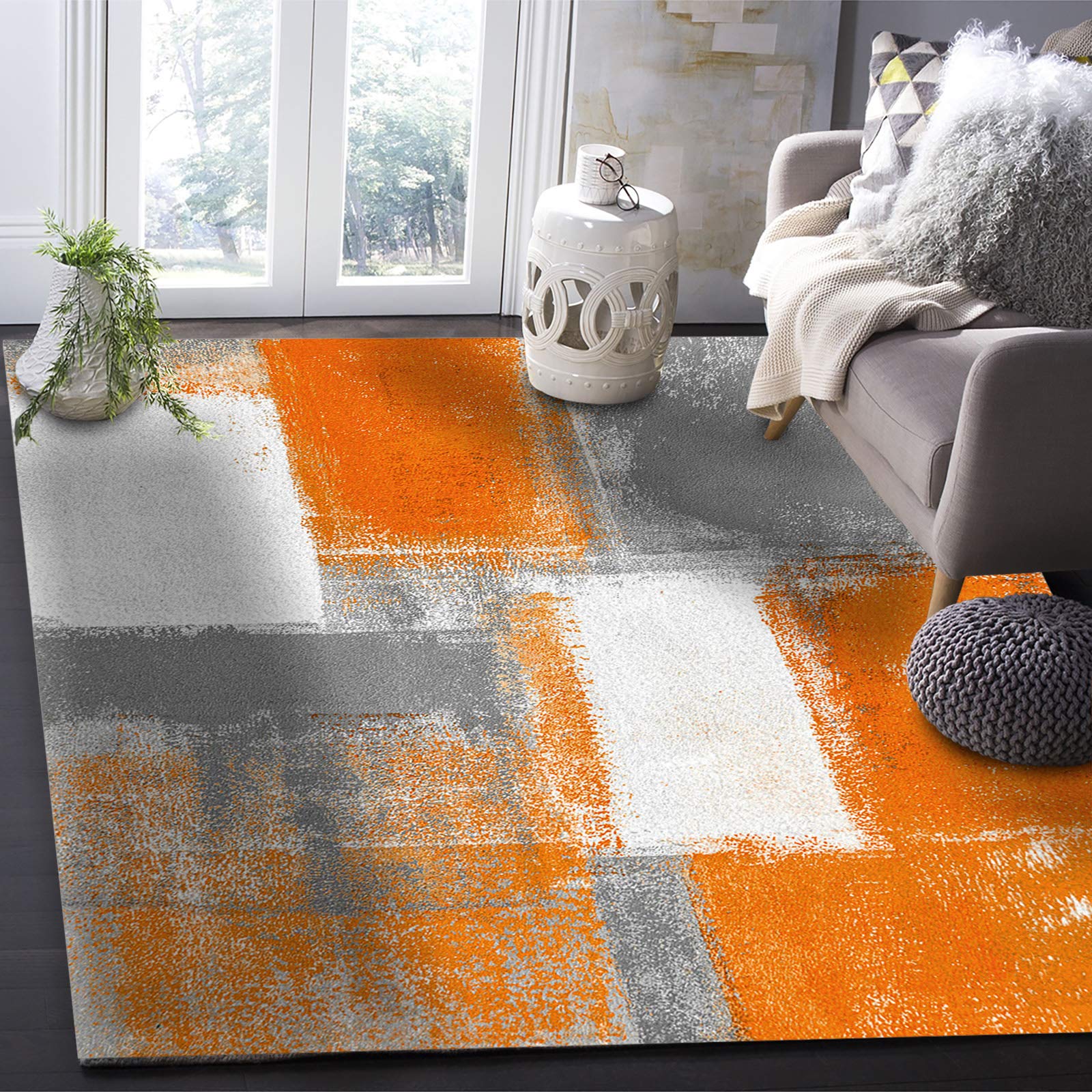 Olivefox Abstract Geometric Orange Non-Slip Stain-Resistant Area Rug - 3x5 Feet Soft Rectangle Carpet for Bedroom, Living Room & Home Decor | Super Absorbent, Oil Painting Design | Perfect for Modern Spaces, Dorm Rooms & Office Decor