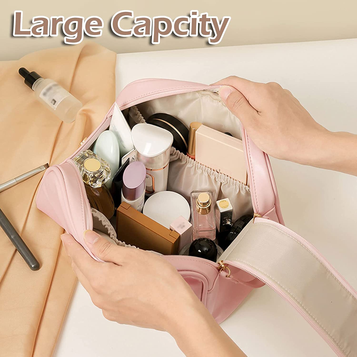 Deoxys Large Capacity Waterproof Leather Makeup Bag with Handle - Travel Cosmetic Organizer for Women & Girls - Perfect for Airplane Carry-on, Gym Essentials & Weekend Getaways