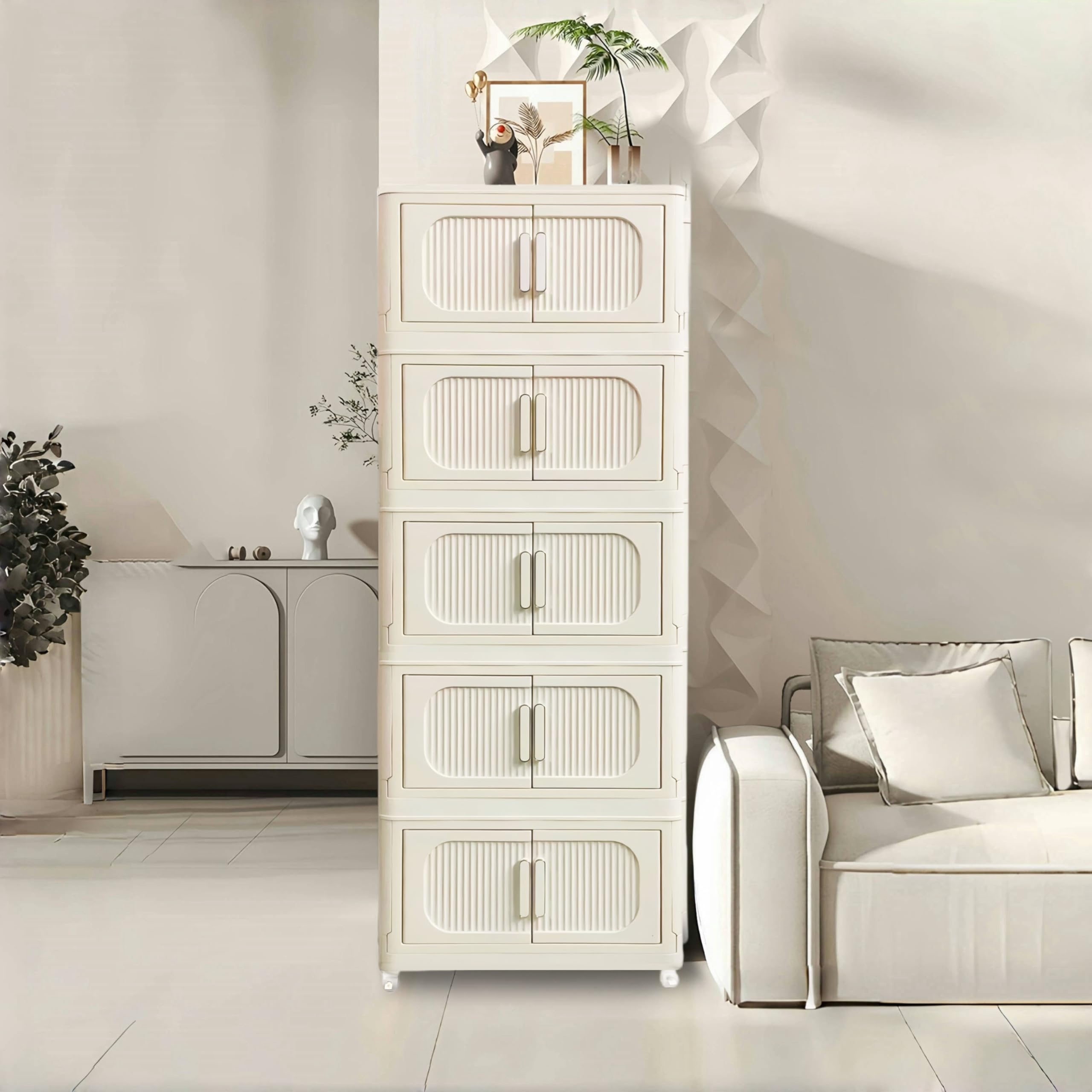 Foldable Cube Storage Bins with Lids & Wheels - 5-Tier Stackable Closet Organizer for Bedroom, Office & Kids Room - Cream White Open Front Storage Drawers for Home Organization