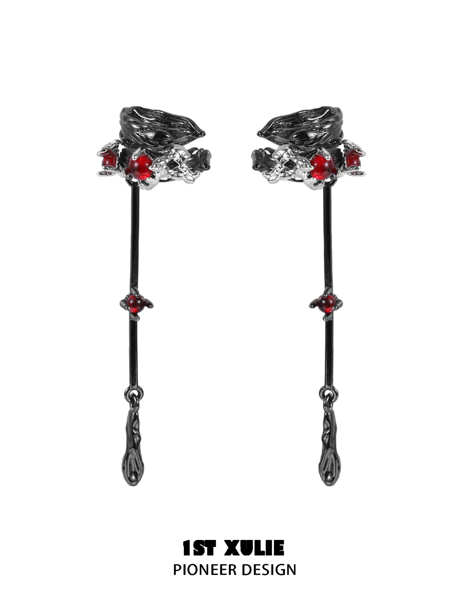 Lucifer Red Crystal 18K Black Gold Ear Clips™ - Elegant Dangle Earrings for Women, Perfect for Parties, Weddings & Special Occasions