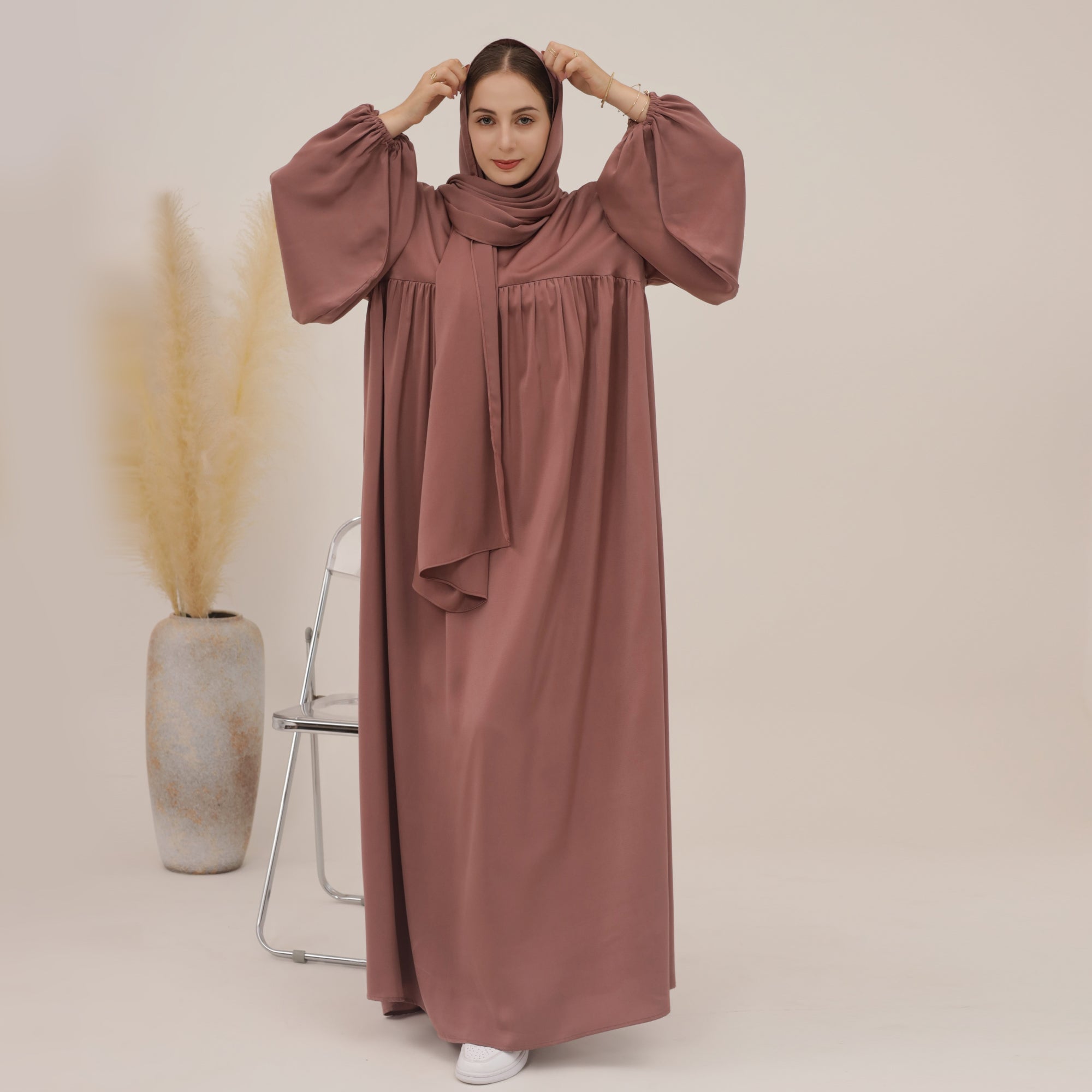 Amelia Satin Abaya Set - Elegant Muslim Prayer Dress for Women in Mauve | Perfect for Eid, Ramadan & Special Occasions