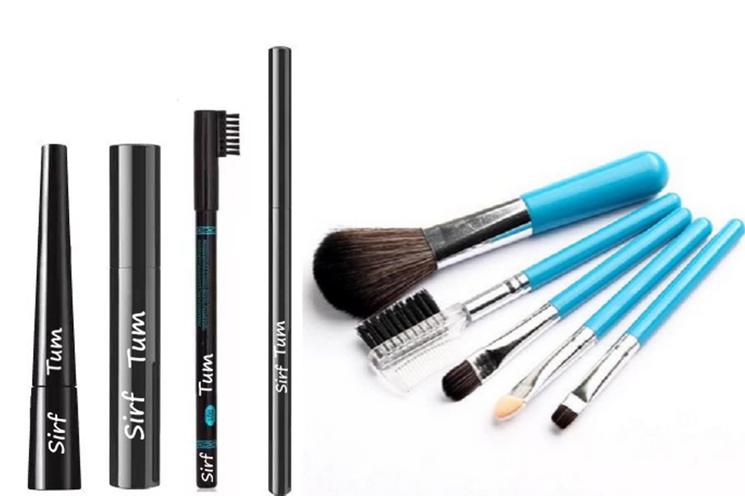 Glossy Eyeliner, Hypercurl Mascara, Eyebrow Pencil & Kajal Pencil with Makeup Brush - 5 Piece Sky Blue Makeup Set for Everyday Glam & Party Looks