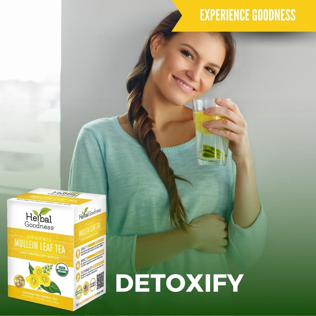 Organic Mullein Leaf Tea Bags - Supports Lung & Respiratory Health, Boosts Immune & Digestive System, 24 Herbal Tea Bags for Wellness | Perfect for Cold Relief, Allergy Season & Daily Detox