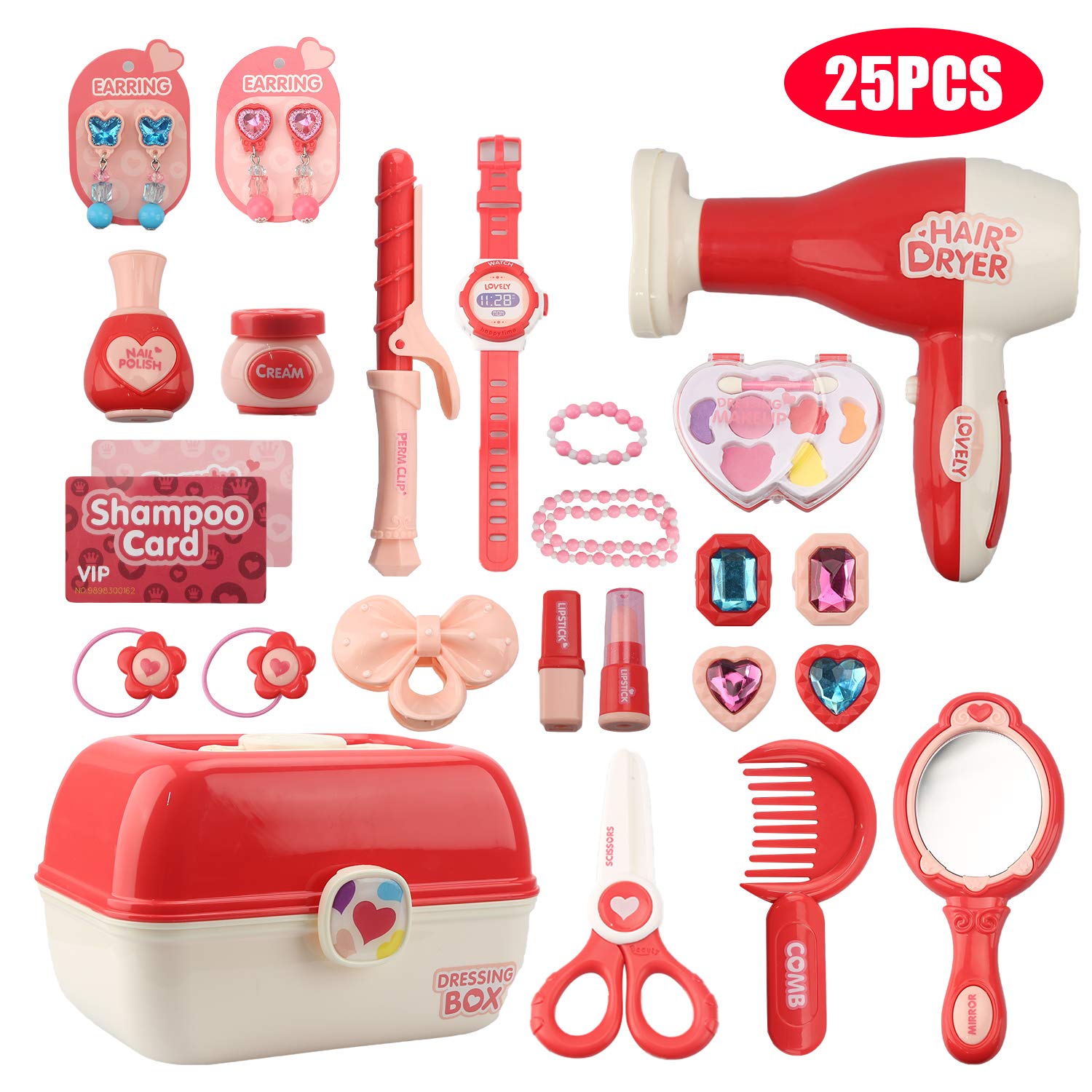 Sanlebi 28-Piece Pretend Makeup & Jewelry Set for Kids - Girls Pretend Play Cosmetic & Hair Salon Toy for 3+ Years Old - Perfect for Birthday Gifts & Role Play Activities