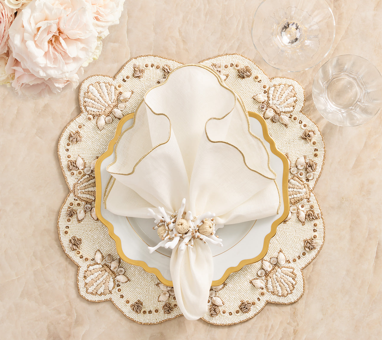 Natural & Ivory Gold Beachcomber Placemats Set of 2 - Elegant Table Decor for Dining Room, Kitchen, or Outdoor Entertaining