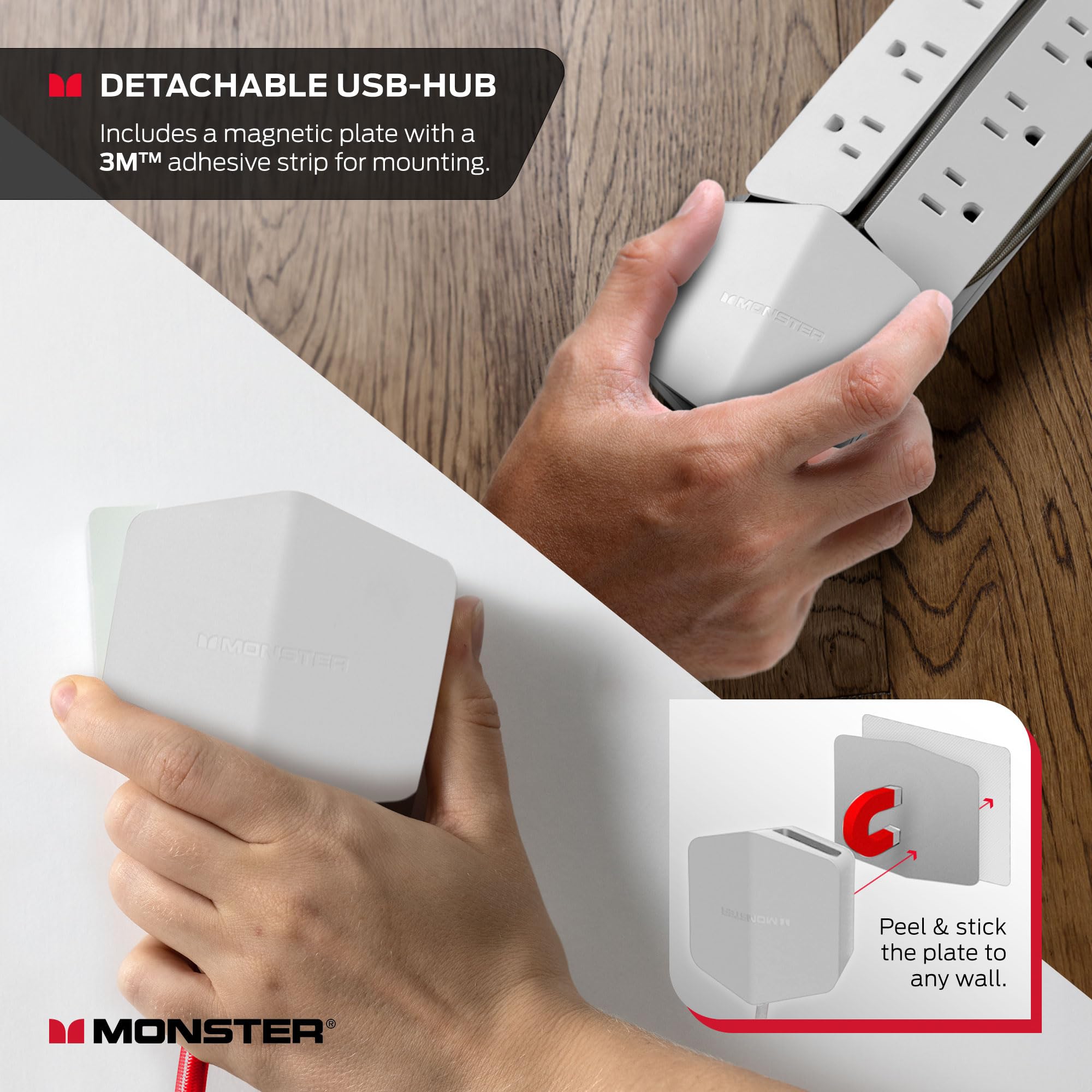 Monster Power Center Vertex XL Surge Protector - 10 AC Outlets, 2 USB-A & 1 USB-C Port (20W) Detachable USB Power Strip for Home, Office & Gaming Setup | Protects Electronics from Power Surges