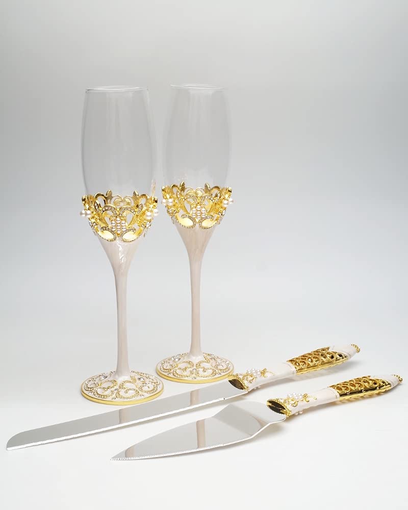 Lassos Boutique 4-Piece Wedding Champagne Flutes & Cake Knife Set - Gold Plated Bridal Shower, Anniversary, and Reception Toasting Essentials for Romantic Celebrations