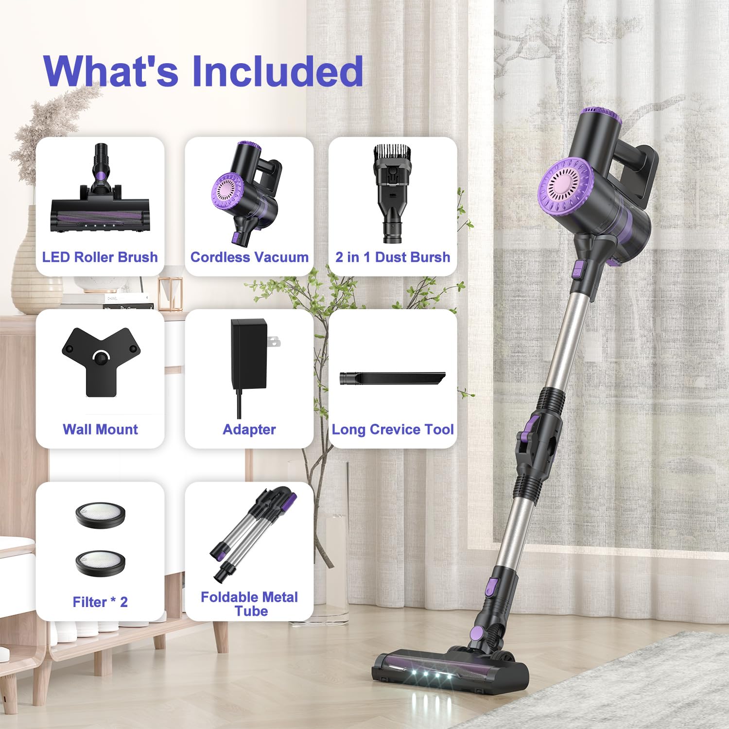 Powerful 6-in-1 Cordless Stick Vacuum Cleaner with 180° Bendable Wand - Lightweight, Self-Standing & Rechargeable for Hardwood Floors - Ideal for Pet Hair, Carpet & Quick Home Cleaning (Purple)