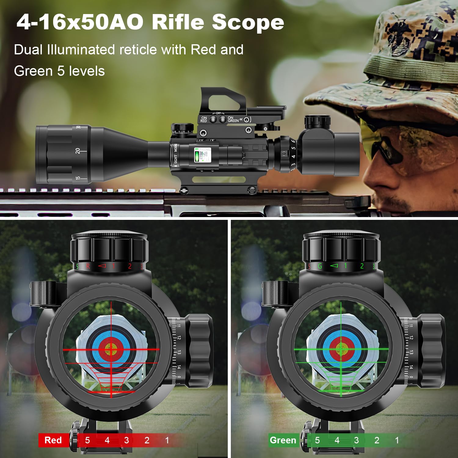 4-16x50 AO Rifle Scope Combo with Red/Green Dual Illuminated Optics, Tail Switch Green Laser Sight & 4 Reticle Red/Green Dot Sight - Includes Rail Mount & 5 Mode Flashlight for Hunting, Tactical Shooting and Outdoor Adventures
