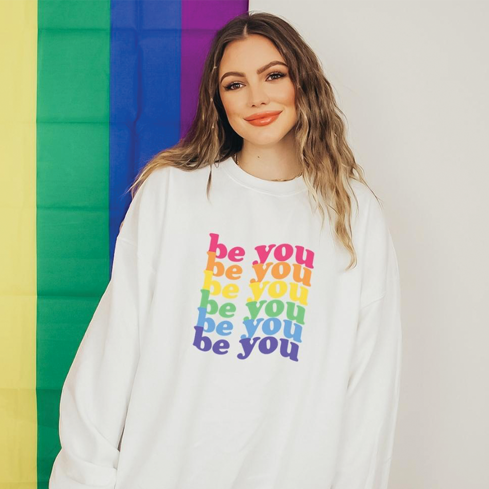 CLR Pride 'Be You' Slogan Sweatshirt - LGBTQ+ Rainbow Graphic Hoodie for Women & Men - Perfect for Pride Parades, LGBTQ Events & Casual Wear
