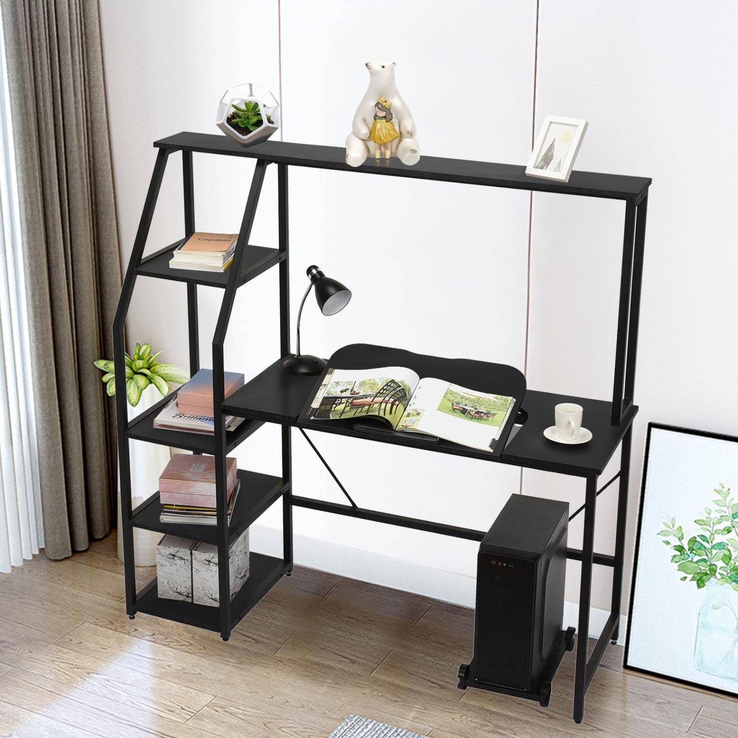 Ergonomic Computer Desk with Storage Shelves & Tilting Drafting Surface - Adjustable Writing Table with Non-Slip Bar, Reversible Craft Desk for Home Office, Bedroom & Studio | Perfect for Remote Work, Art Projects & Study Spaces