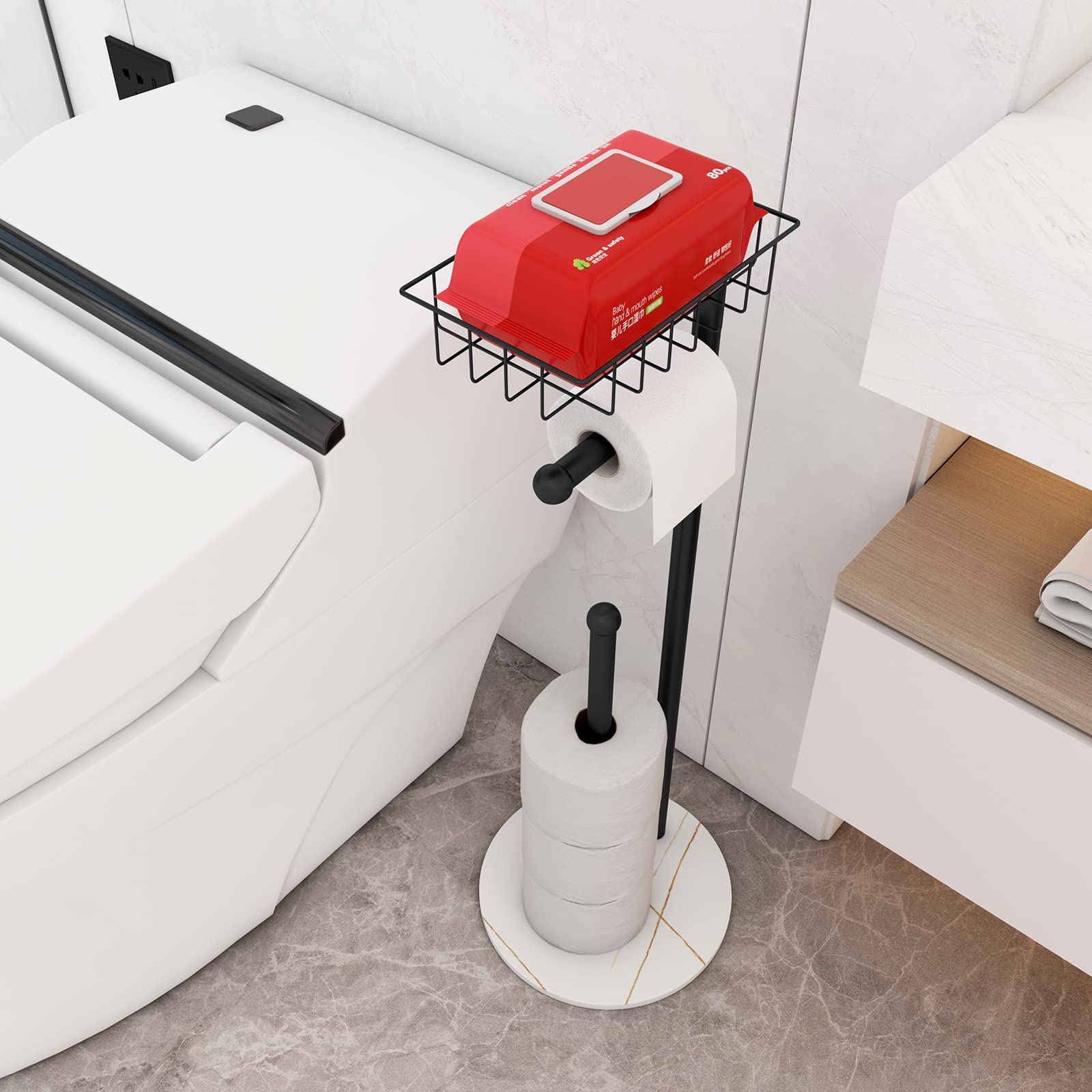 Free Standing Toilet Paper Holder Stand with Shelf - Modern Heavyweight Marble Base Bathroom Tissue Holder for Jumbo Rolls, Black - Perfect for Home, Office, and Guest Bathrooms