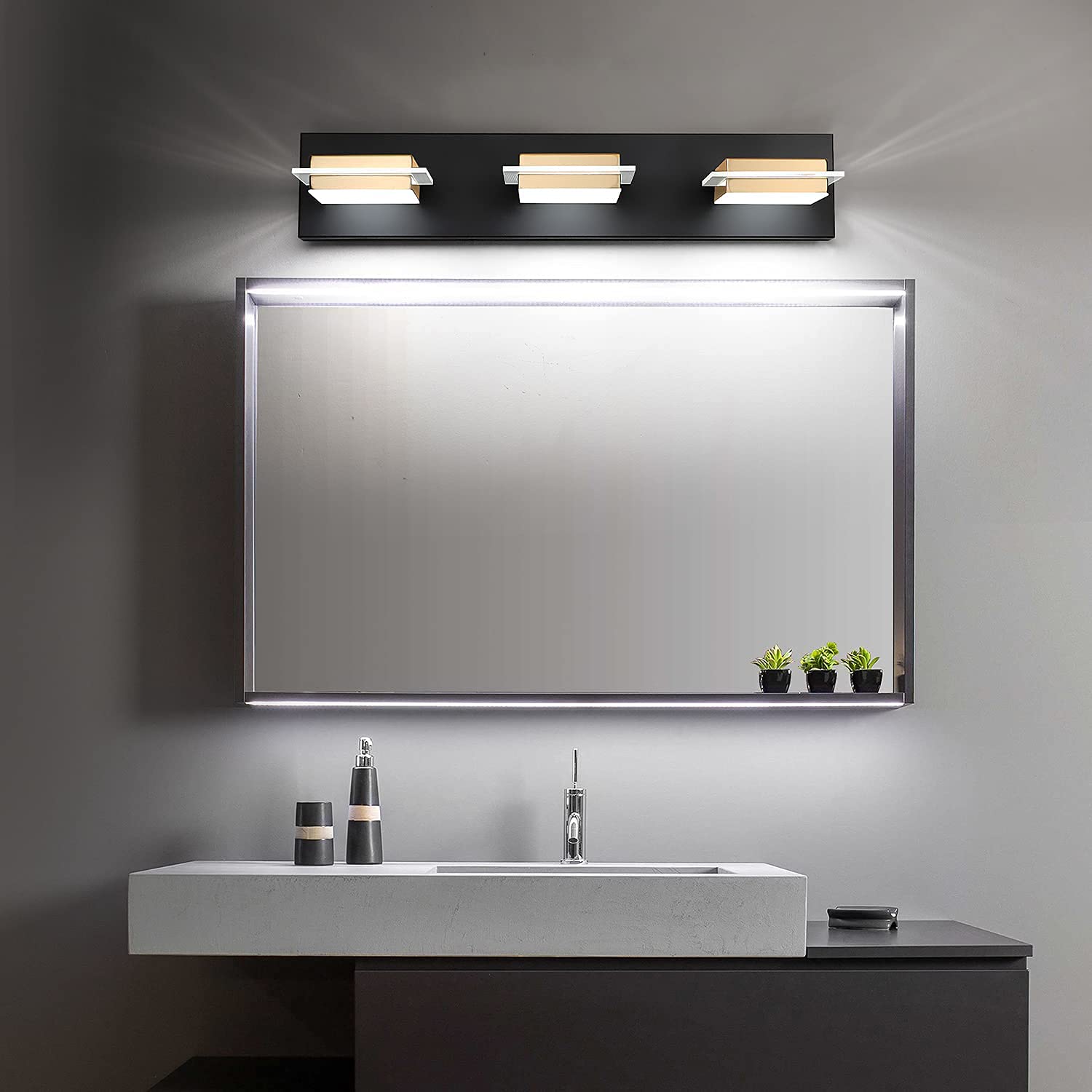Dimmable LED Bathroom Vanity Light Fixtures - 3 Lights Wall Sconce with Matte Black Finish & Gold Metal Lampshade, Adjustable White Light 3000K-6000K (3 Color Temperatures) - Perfect for Bathroom, Bedroom, and Hallway Lighting