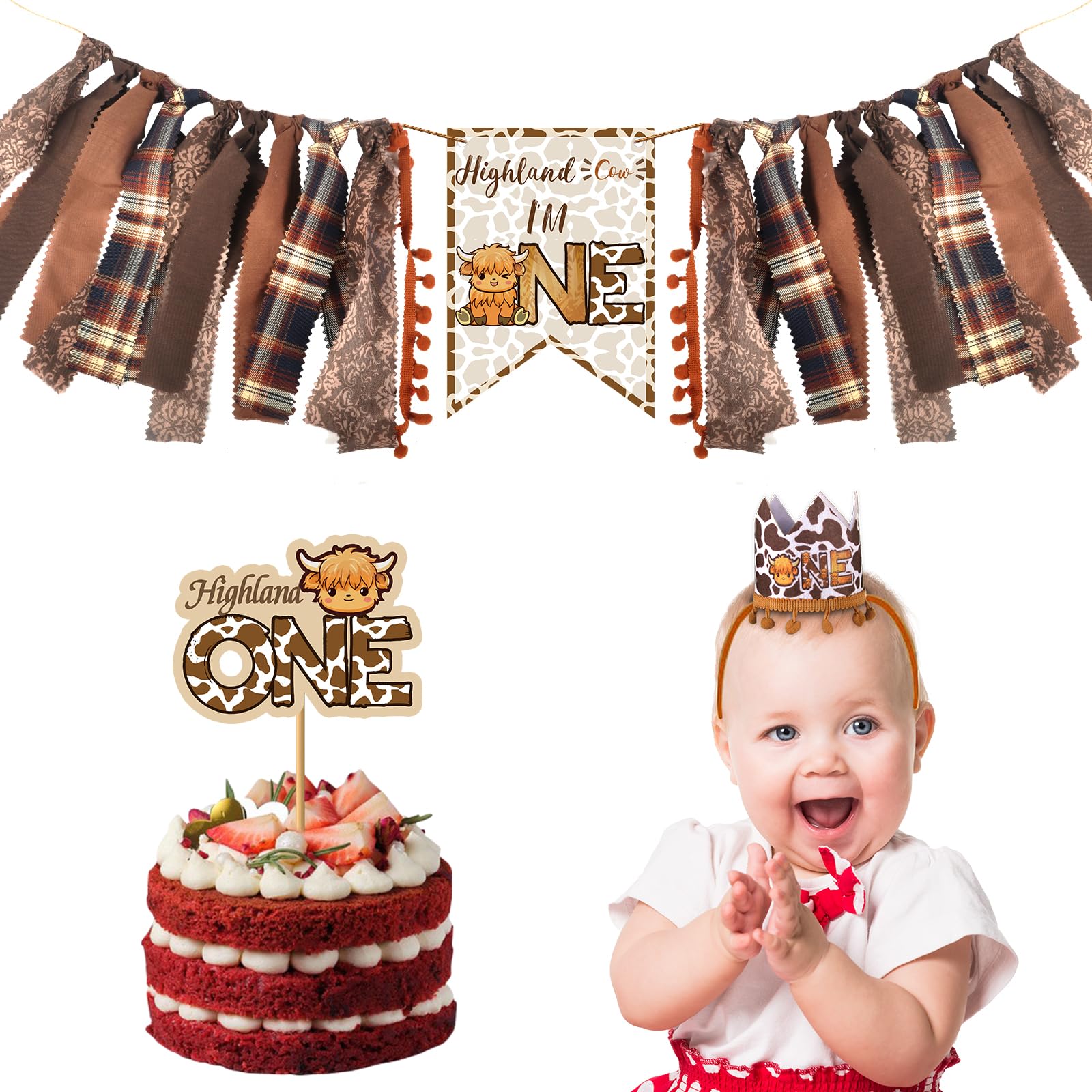 3 Pcs Highland Cow Birthday Decorations Set - High Chair Banner, Cowboy Hat Cake Topper & First Rodeo Banner for Western Themed 1st Birthday Party Supplies | Perfect for Baby Boy/Girl Cowboy Party Decor