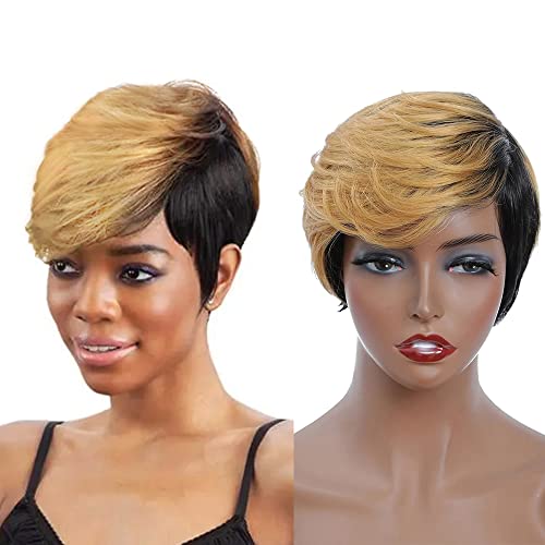 Short Pixie Cut Human Hair Wigs for Black Women - 1B Color Layered Bob Wig with Bangs | Natural Look for Daily Wear, Cosplay & Special Occasions (T1B27)