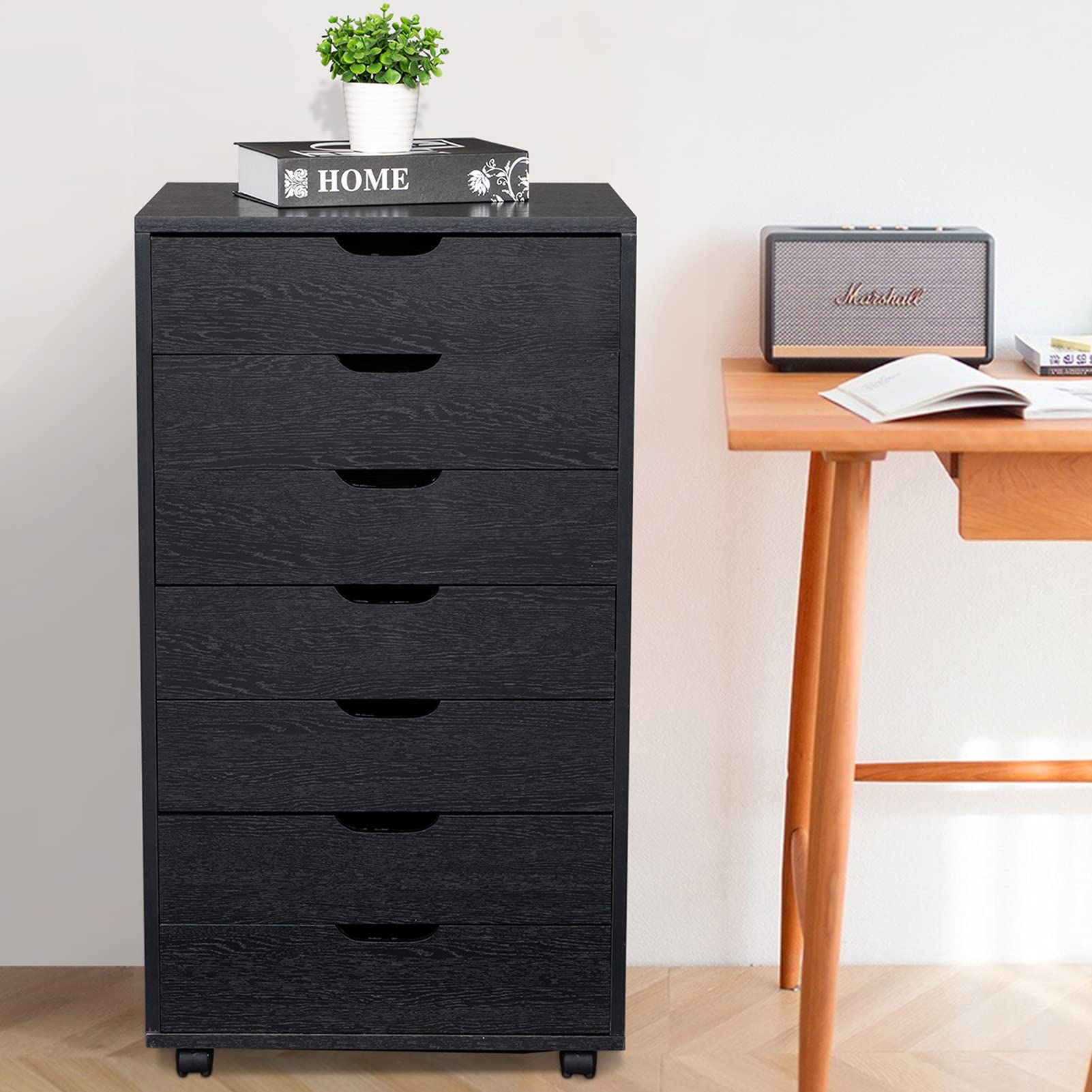 LIYUEUS 7-Drawer Mobile Vertical Wooden Filing Cabinet with Wheels - Letter/A4 Size File Organizer for Office, Home, or School (Black) - Perfect for Document Storage and Organization