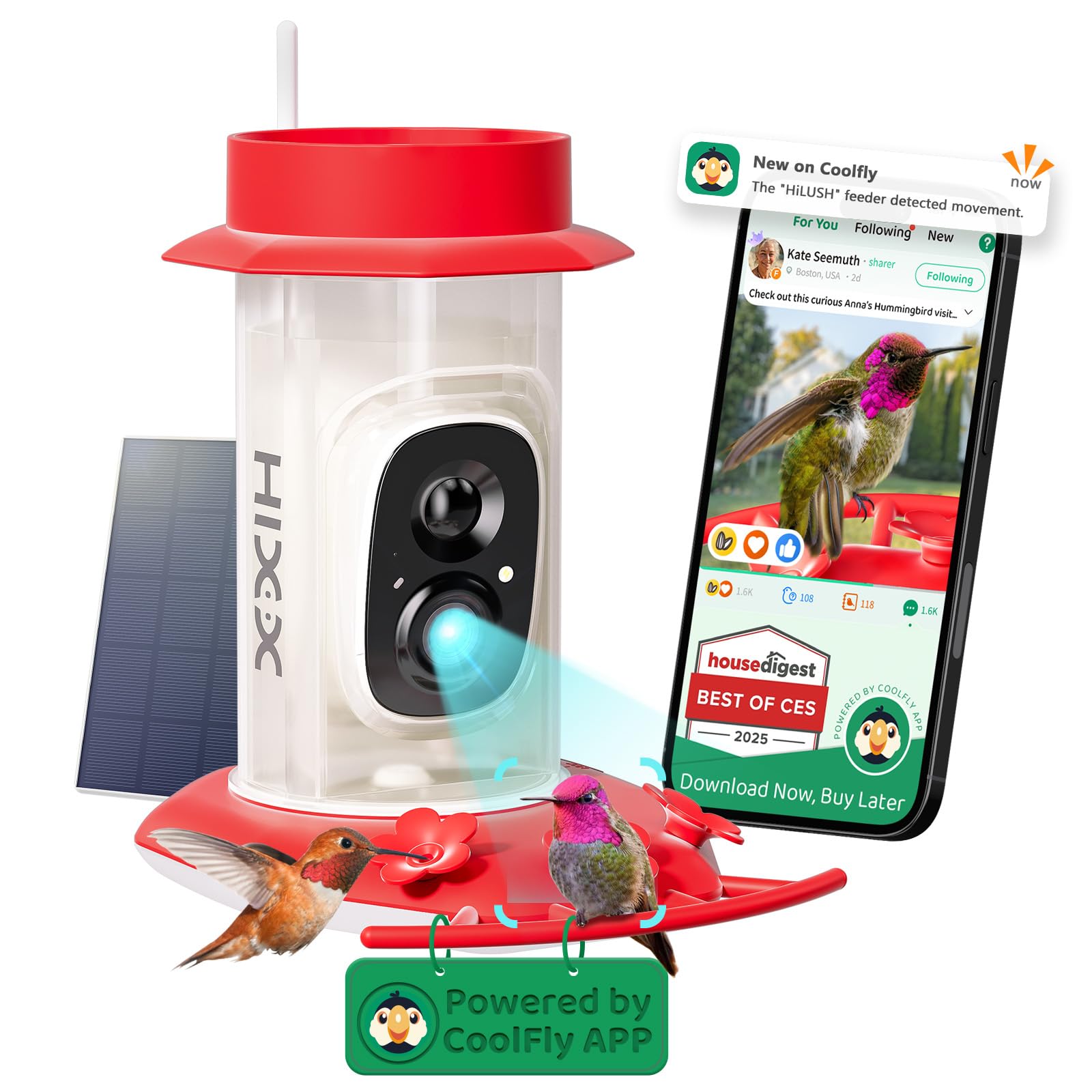 HIXX Smart Hummingbird Feeder with Camera - Solar Powered Bird Feeder with AI Recognition, Ant Moat & Bee Proof Design - Easy Clean & Refill - Includes Coolfly Birdwatching App - Perfect Gift for Bird Lovers (17.5 oz) - Ideal for Backyard Birdwatching, Nature Photography & Outdoor Decor
