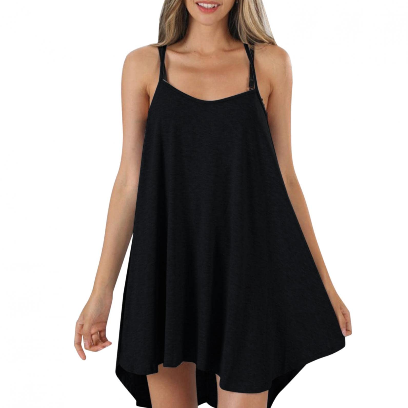 Women's Swing Tank Tops - Spaghetti Strap Loose Fit Camisole, Flowy Summer Strappy Sleeveless Pleated Tunic Shirts for Casual Wear, Beach Outfits & Vacation Essentials