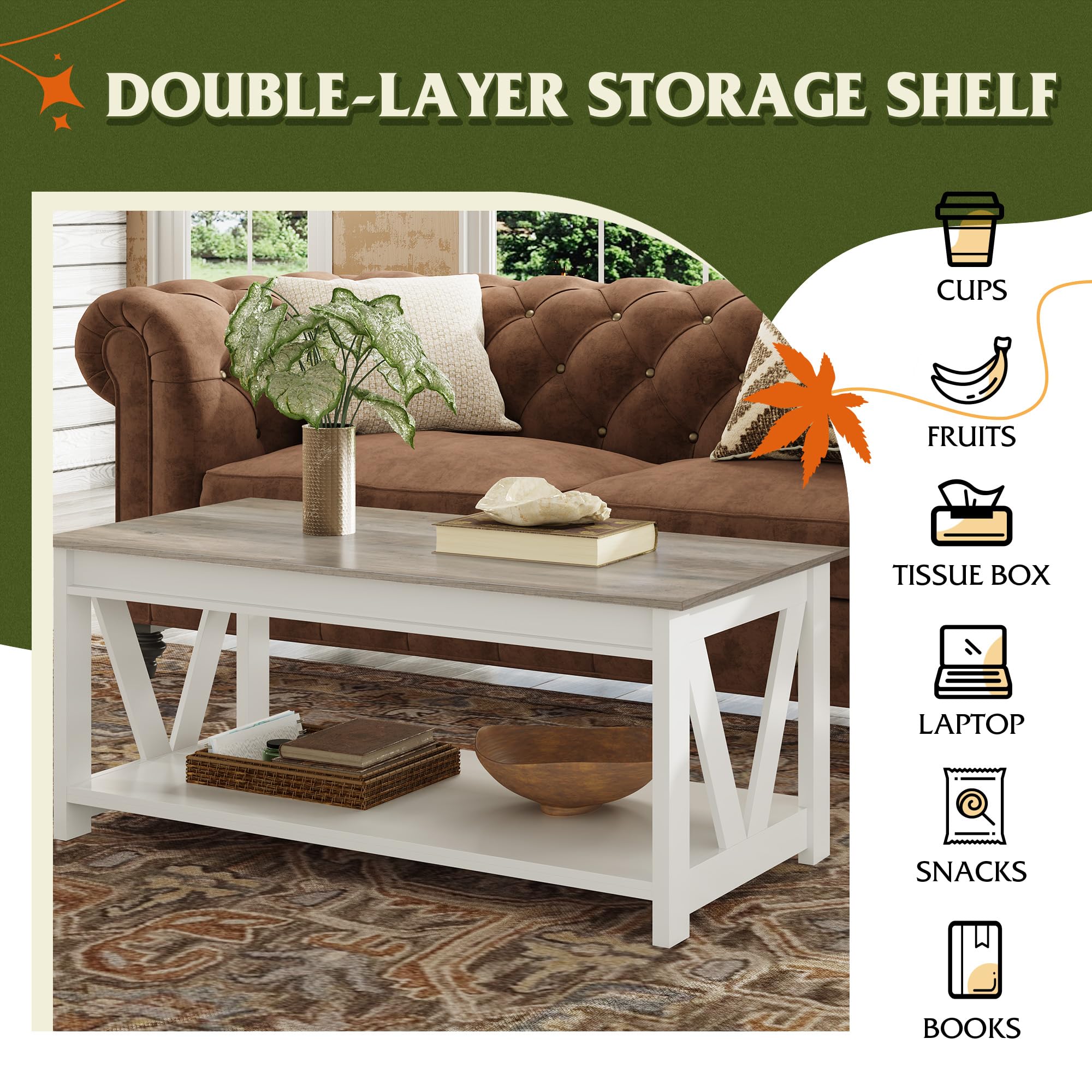 43 Inch Farmhouse Coffee Table with Storage Shelf & V-Shaped Support - Solid Wood Living Room Center Table for Bedroom, Office, Balcony - White | Rustic Home Decor, Perfect for Small Spaces & Coffee Lovers