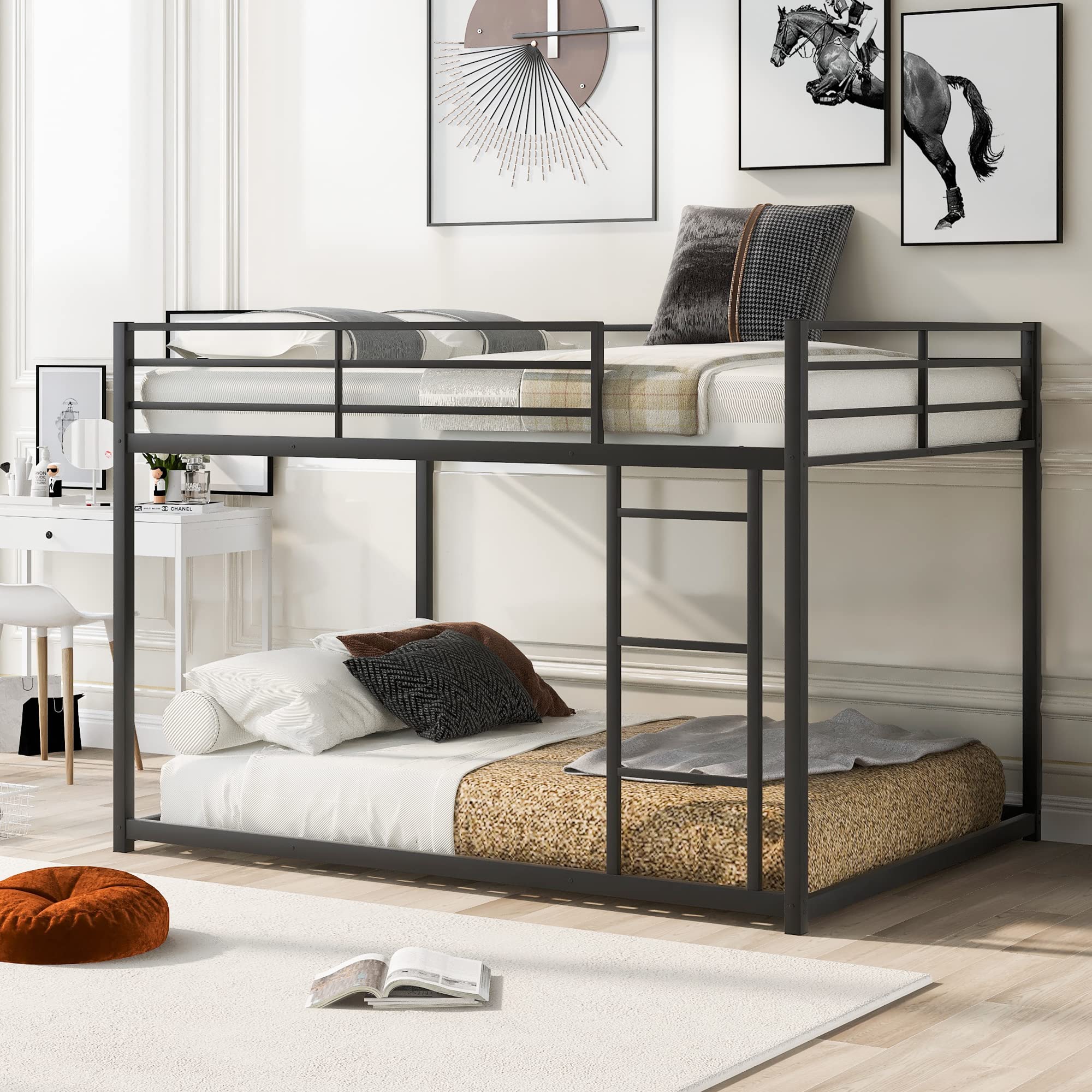 Olela Full Over Full Bunk Beds for Kids & Adults - Sturdy Low Metal Bed Frame with Ladder - Space-Saving Floor Bunk Bed for Boys, Girls & Teens (Black) - Perfect for Small Bedrooms, Dorms & Guest Rooms