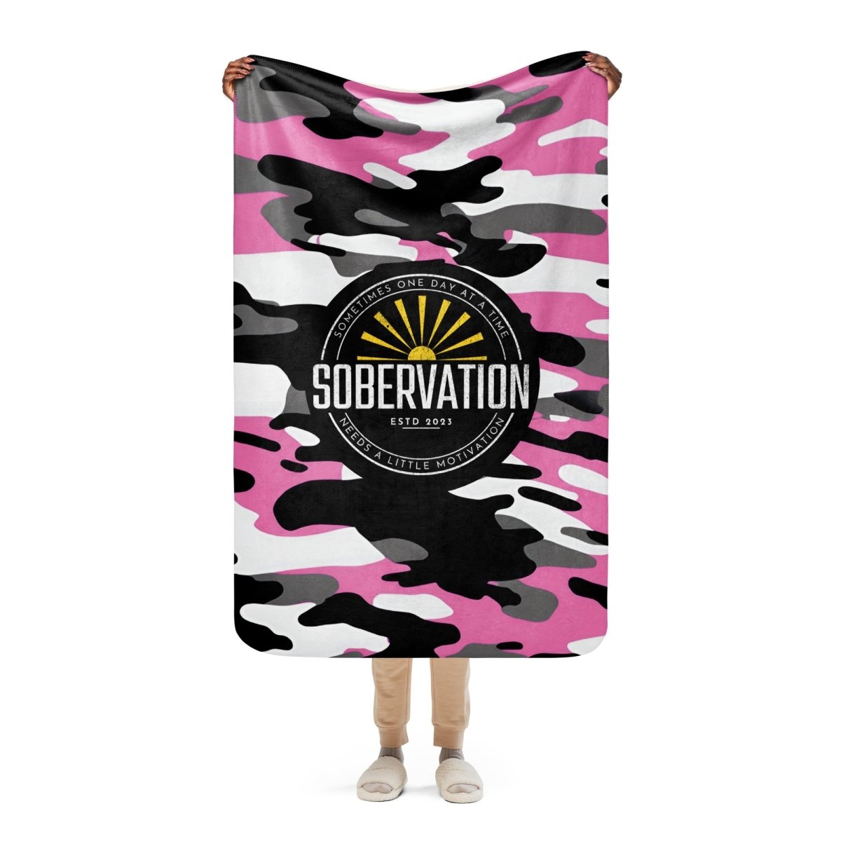 Sobervation Pink Camo Sherpa Blanket - Ultra Soft Warm Fleece Throw for Recovery & Sobriety - Perfect for AA Meetings, Sober Living Homes & Cozy Nights