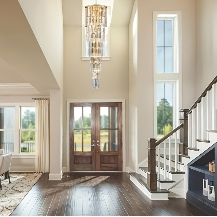 Oly Crystal Staircase Chandelier - Elegant Modern Lighting Fixture for Foyer, Stairwell & Grand Entryway | Dimmable LED Chandelier for Home & Hotel Decor