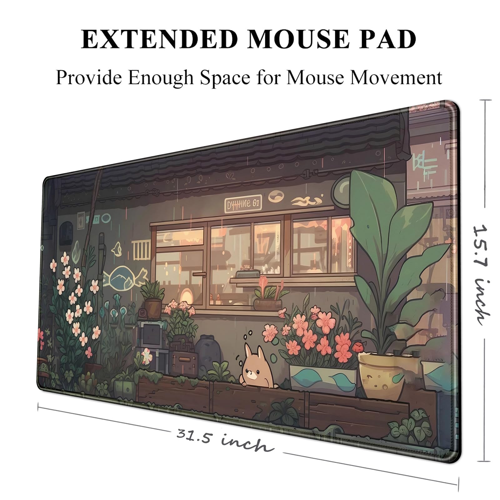Japanese Anime Kawaii Cat & Green Plants XXL Gaming Mouse Pad - 31.5''x15.7'' Extended Desk Mat for PC, Keyboard & Office Decor | Cute Large Mousepad for Gamers, Anime Fans & Workspace Setup